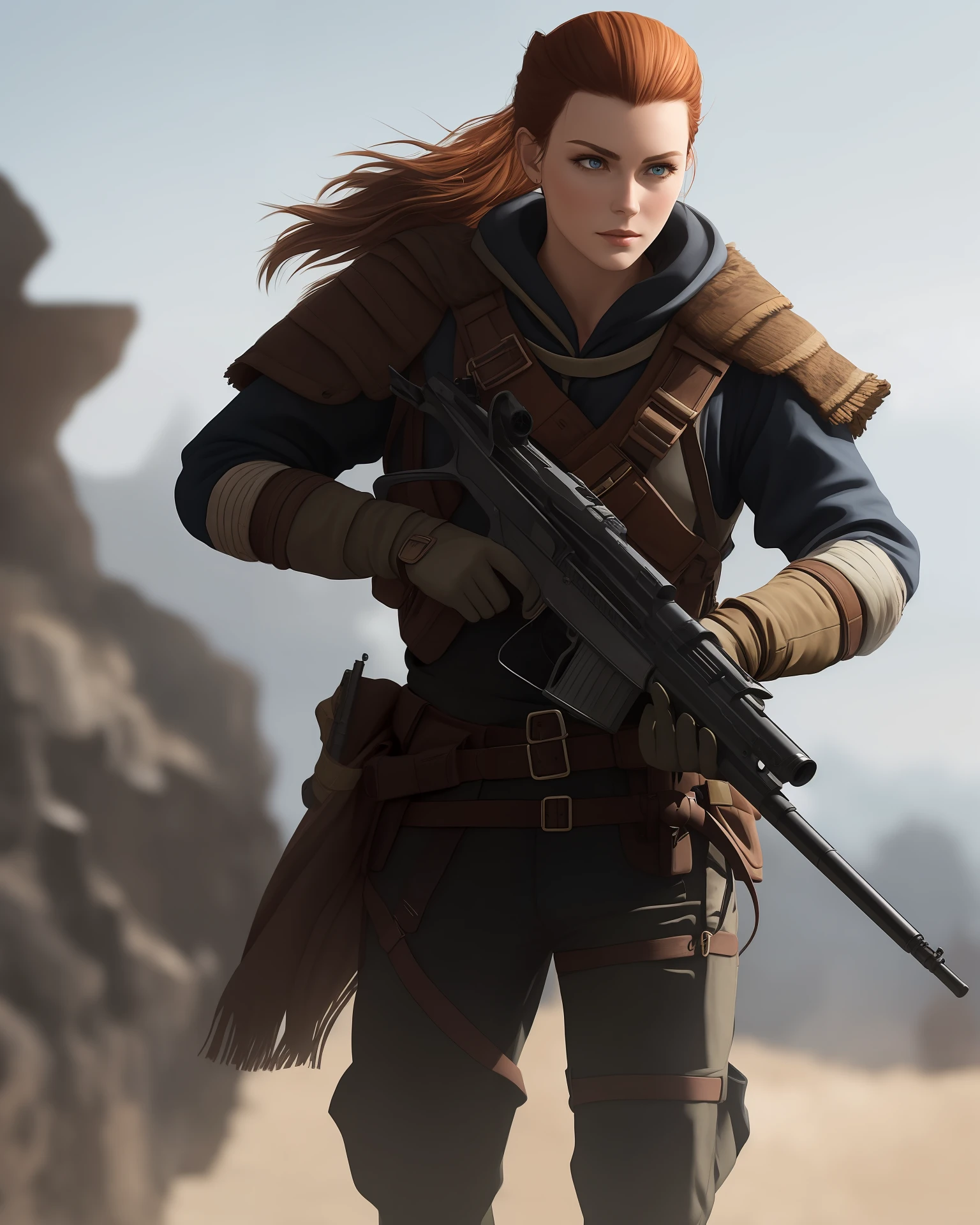 Aloy dressed as Yor Forger Spy holding a beretta 8000c with silencer in pursuit, foto realista,