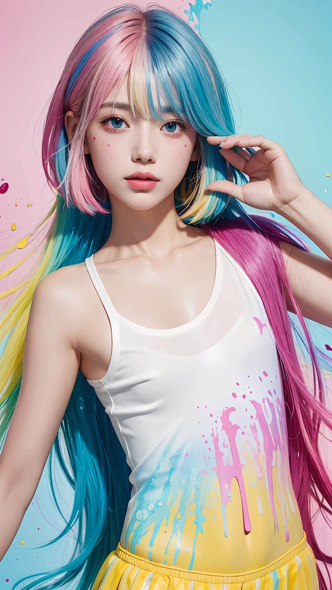 （Pink fashion T-shirt：1.9），（Colorful hair：1.8），（Rainbow all colors：1.8），（（（（Vertical painting：1.6)）），（painting of a：1.6），frontage，largeeyes,crystal-clear,（rainbow color gradient high ponytail：1.7）,Delicatemakeup,Keep one's mouth shut,(Small Fresh:1.5),long eyelasher,White shoulder T- shirt, White Shoulder Shirt，looking at viewert，watery big eyes，plumw，Raised sexy，medium boob，mediuml breasts，(rainbow colour hair：1.6), colored splashing, （Solo：1.8）, colored splashing, Color explosion, Color splattering, Color explosion, Thick lacquer style，Messy lines，((Shining)) ，(Colorful), (Colorful), (Colorful), Colorful, Thick Paint Style, (Splash) (colored splashing), Vertical painting, The upper part of the body, paint splatter, Acrylic Pigment, Gradient, Paint, Highest image quality, Highest image quality, Masterpiece, Solo, Depth of field, facepaint, Colorful clothes, (ellegance: 1.2), opulent, long whitr hair, ventania, (ellegance: 1.3), (petals: 1.4)，(((Masterpiece))),(((Best quality at best))),((ultra - detailed)),(illustratio),(dynamic angle),((floatking)),(Paintwork),((Loose hair)),(Solo),(1girll) , (( (Detailed anima face))),((Beautiful detailed face)),collars,exposed bare shoulders,whaite hair,((The color hair)),((Striped hair)),Beautiful detailed eyes,(Gradient color eyes),(( （Colored eyes））），（（（coloured background））），（（（high saturated））），（（（Surrounded by colorful splashes））），