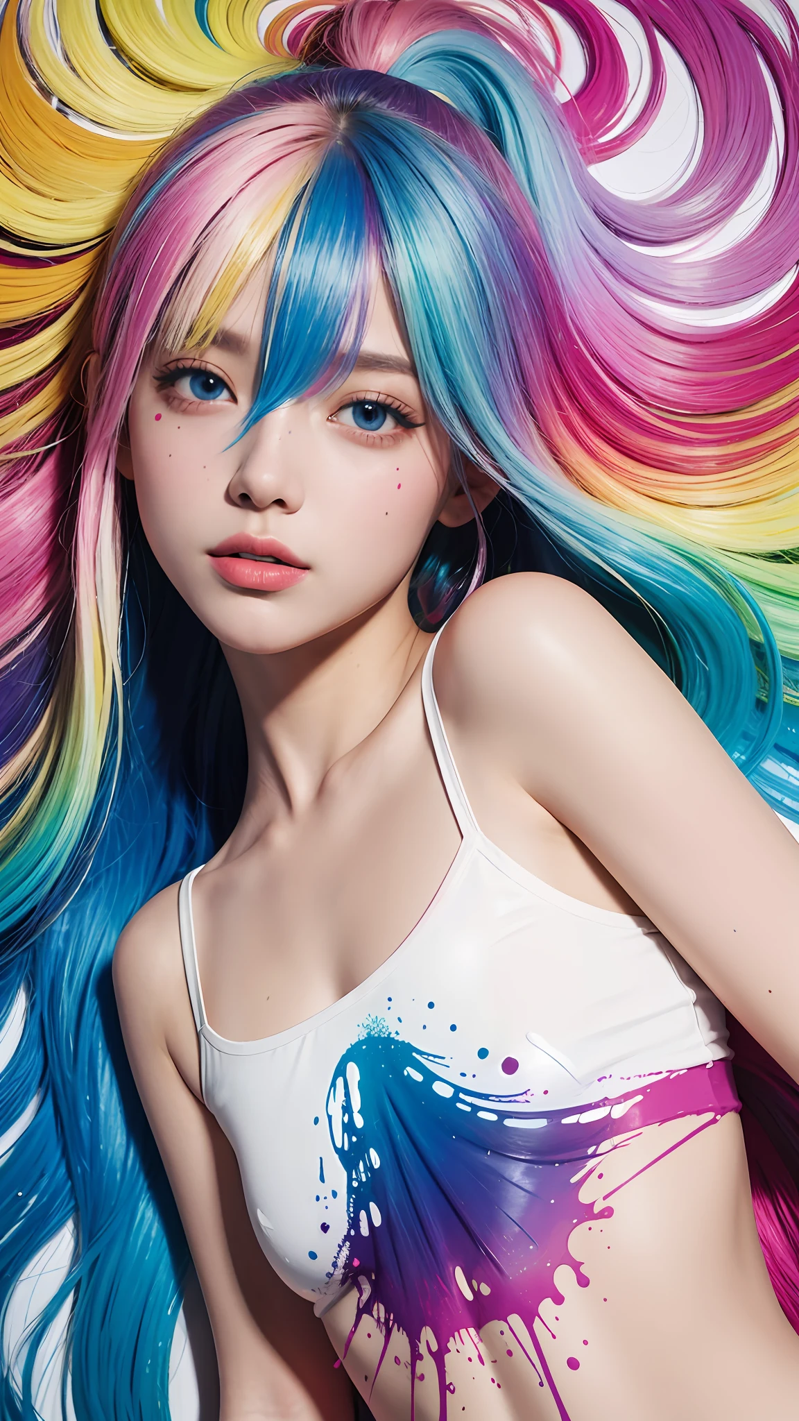 (Pink fashion T-shirt:1.9),(Colorful hair:1.8),(Rainbow all colors:1.8),((((Vertical painting:1.6))),(painting of a:1.6),frontage,largeeyes,crystal-clear,(rainbow color gradient high ponytail:1.7),Delicatemakeup,Keep one's mouth shut,(Small Fresh:1.5),long eyelasher,White shoulder T- shirt, White Shoulder Shirt,looking at viewert,watery big eyes,plumw,Raised sexy,medium boob,mediuml breasts,(rainbow colour hair:1.6), colored splashing, (Solo:1.8), colored splashing, Color explosion, Color splattering, Color explosion, Thick lacquer style,Messy lines,((Shining)) ,(Colorful), (Colorful), (Colorful), Colorful, Thick Paint Style, (Splash) (colored splashing), Vertical painting, The upper part of the body, paint splatter, Acrylic Pigment, Gradient, Paint, Highest image quality, Highest image quality, Masterpiece, Solo, Depth of field, facepaint, Colorful clothes, (ellegance: 1.2), opulent, long whitr hair, ventania, (ellegance: 1.3), (petals: 1.4),(((Masterpiece))),(((Best quality at best))),((ultra - detailed)),(illustratio),(dynamic angle),((floatking)),(Paintwork),((Loose hair)),(Solo),(1girll) , (( (Detailed anima face))),((Beautiful detailed face)),collars,exposed bare shoulders,whaite hair,((The color hair)),((Striped hair)),Beautiful detailed eyes,(Gradient color eyes),(( (Colored eyes))),(((coloured background))),(((high saturated))),(((Surrounded by colorful splashes))),