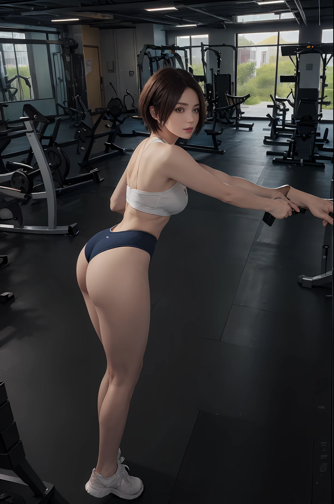 (masuter piece:1.3)、(8K、Photorealsitic、Raw photography、top-quality: 1.4)、(1girl in)、Russian beautiful girl、beautiful countenance、(Lifelike face)、(A dark-haired、short-hair:1.3)、Beautiful hairstyle、realisticeyes、Beautiful details、(real looking skin)、Beautiful skins、absurderes、enticing、超A high resolution、A hyper-realistic、high-detail、the golden ratio、full body Esbian、Big ass、Skinny Legs、large full breasts、training gym、Mirrored、(The location)、