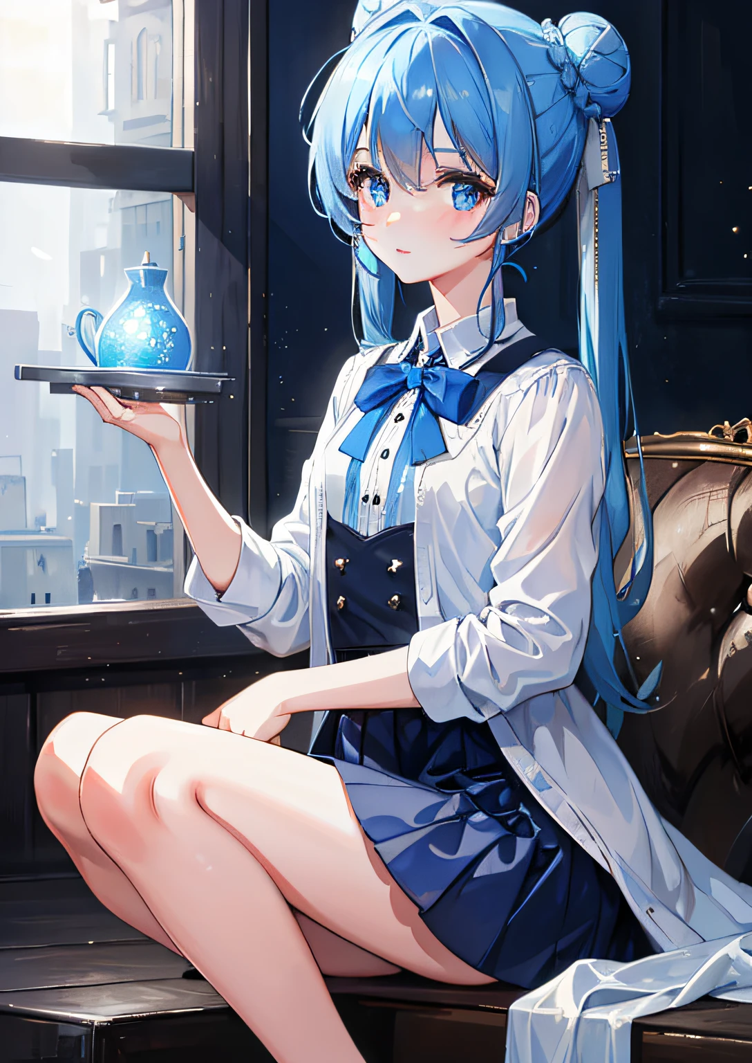 ((A masterpiece)),(Best Picture Quality),(Slim to the smallest detail),(A young girl),Blue hair,Eyes shining with blue light,High bun,Dressed in a white shirt,black short skirt,looks down on a viewer。