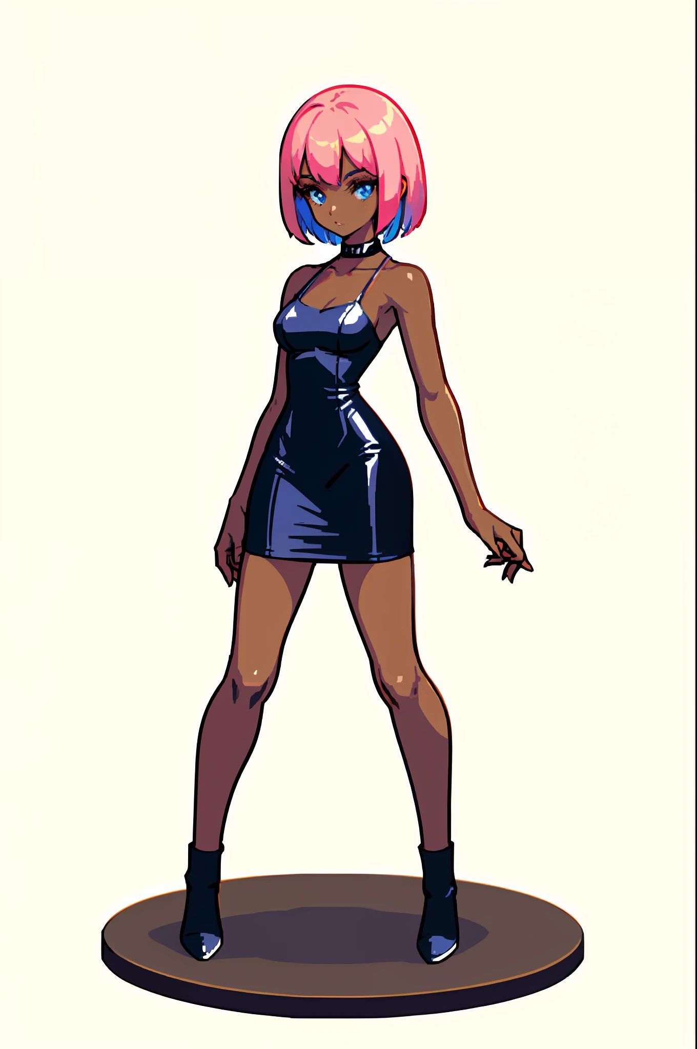 1girl, clavicle, impossible outfits, outfit Sexy Black Leather Dress Female Plain Party Style, standing, masterpiece, best quality, extremely detailed 8K wallpaper, pale skin, ultra detailed, volumetric lighting, best anatomy, detailed blue eyes , beautiful eyes, best shadow, ultra detailed, sunny day, city, green hills, wind, flying pink leaves, road, dark_skin, dark-skinned_female, retro_artstyle, 1990s_(style), short straight hair