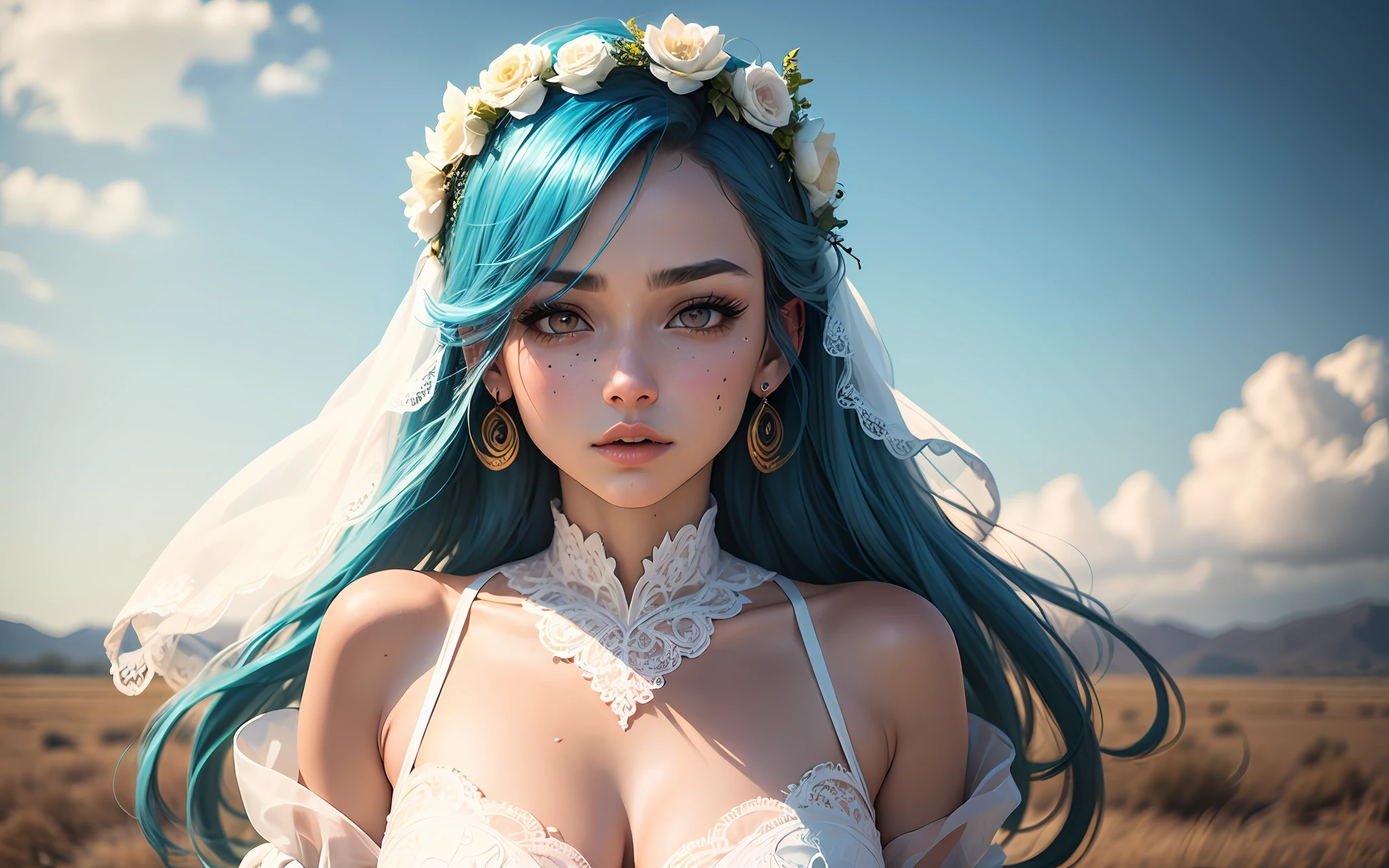 1female,Blue hair, hair over shoulders, Hair moist widow peak, wedding gown, covering eyes, white hair ribbon, head wreath, Moles under eyes, Gradient eyes, aqua eyes!!!!, wide-eyed, long eyelasher, Earrings, Pout, Sony FE GM, surrealism, first person perspective, A high resolution,Wedding scenes,Blue sky scene,Empty steppe scene