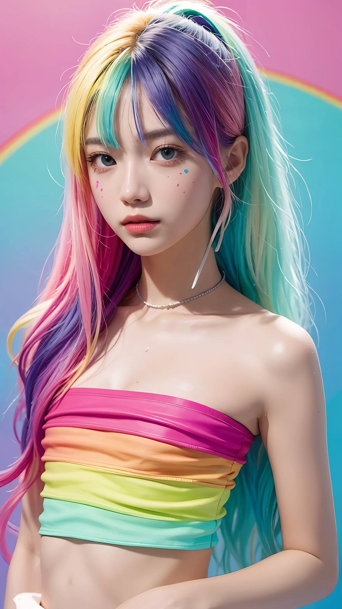 A woman with colorful hair and a rainbow colored top SeaArt AI A woman with colorful hair and a rainbow colored top SeaArt AI