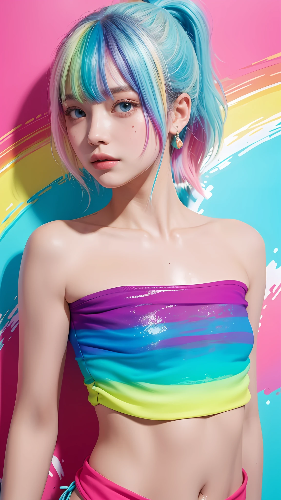 (Pink fashion T-shirt:1.9),(Colorful hair:1.8),(Rainbow all colors:1.8),((((Vertical painting:1.6))),(painting of a:1.6),frontage,comic strip,illustration,painting of a,largeeyes,crystal-clear,(rainbow color gradient high ponytail:1.7),Delicatemakeup,Keep one's mouth shut,(Small Fresh:1.5),(Bandeau:1.6),long eyelasher,White shoulder T- shirt, White Shoulder Shirt,looking at viewert,watery big eyes,A plump chest,cleavage,(rainbow colour hair:1.6), colored splashing, (Solo:1.8), colored splashing, Color explosion, Color splattering, Color explosion, Thick lacquer style,Messy lines,((Shining)) ,(Colorful), (Colorful), (Colorful), Colorful, Thick Paint Style, (Splash) (colored splashing), Vertical painting, Upper body, paint splatter, Acrylic Pigment, Gradient, Paint, Highest image quality, Highest image quality, Masterpiece, Solo, Depth of field, facepaint, Colorful clothes, (ellegance: 1.2), opulent, long whitr hair, ventania, (ellegance: 1.3), (petals: 1.4),(((Masterpiece))),(((Best quality at best))),((ultra - detailed)),(illustratio),(dynamic angle),((floatking)),(Paintwork),((Loose hair)),(Solo),(1girll) , (( (Detailed anima face))),((Beautiful detailed face)),collars,exposed bare shoulders,whaite hair,((The color hair)),((Striped hair)),Beautiful detailed eyes,(Gradient color eyes),(( (Colored eyes))),(((coloured background))),(((high saturated))),(((Surrounded by colorful splashes))),