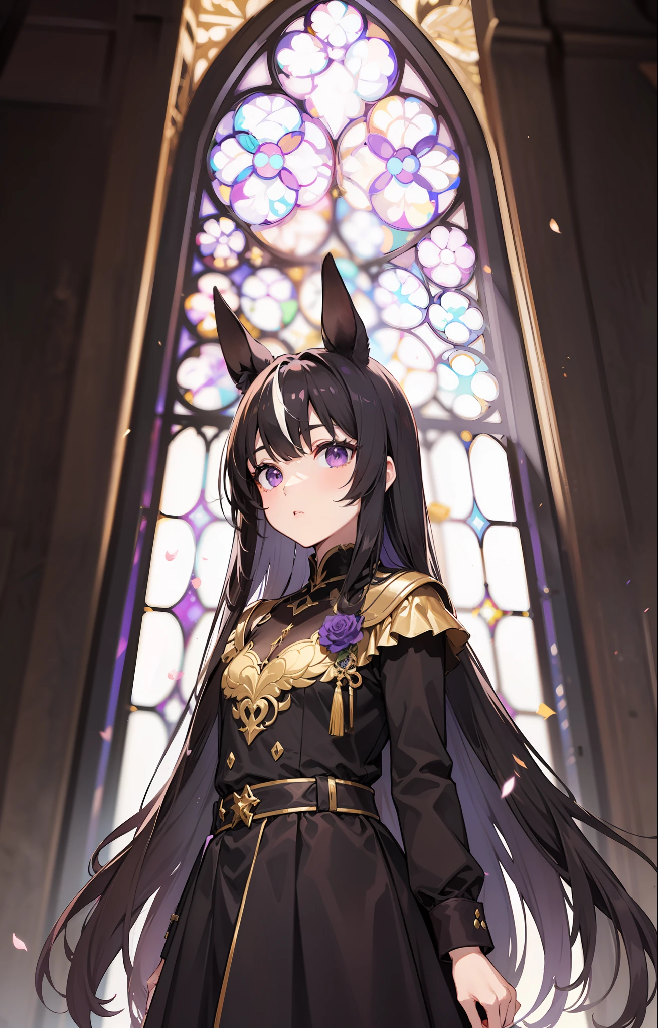 tmasterpiece,High- sharpness,Kizi,Horse Ears,brunette color hair,Purple eye,golden ornaments,Cold