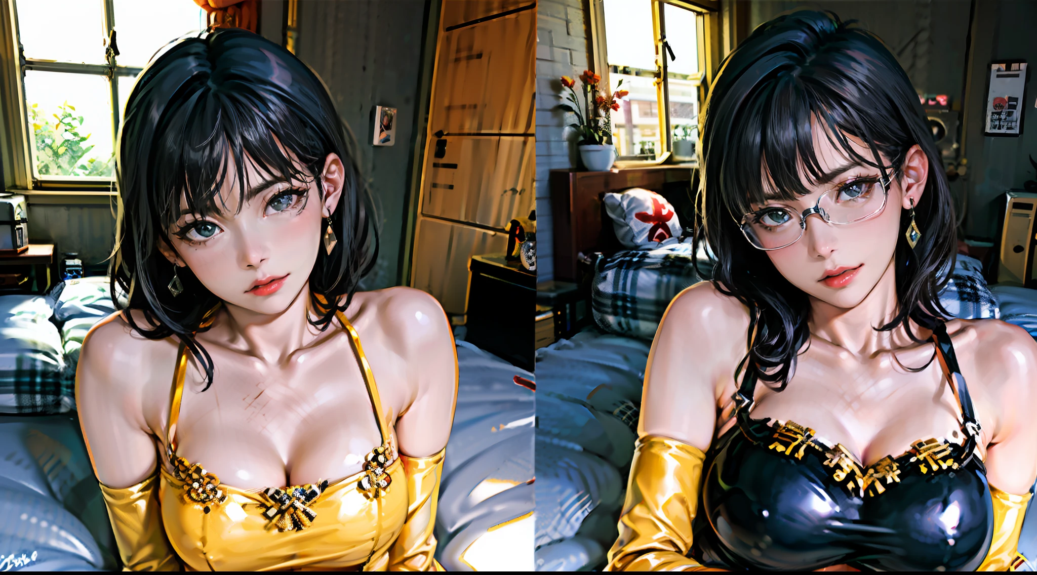 Breasts are larger than the torso,,crazy swollen breasts,otherworld background,wearing bikini armor,Koreainsta Goddess,realistic fantasy rendering,photorealistic anime girl rendering,Faraway view,(full-body portraits:1.4),(:1.4),(Exaggerated body proportions),(Nine-headed body),long wavy dark hair,Wearing delicate earrings,chest exposed from armor,a plump buttocks,slender leg,Thick thighs,(wearing black transparent pantyhose), (wearing short leather boots), camel-toe, Lift, Sit on the tavern bed, rendering by octane, (Unbeatable masterpiece, ultra realistic 8k cg, dramatics, Ray traching, HDR:1.2), (best qualtiy), fanciful, atmospurate, extremely detaile, iintricate, hyper-detailing, Harsh lighting, (mirror lighting: 1.4), (photorealiscic face: 1.2), (dent in the skin: 1.3), (1 rapariga: 1.4)Full body like,A girl,Real Human,Surreal realistic delicate girl,She was not wearing any clothes,Only a few pieces of cloth covered the body parts,Looming breastes,Pink areola with white hair,Sagging breasts,Red face,Eyes looking upwards,Lie flat on the bed,Hyper-realistic picture,Translucent lingerie panties black lace, sexually arousing, Sexual expression, Shiny skin,Lingerie transparent,areola exposed,The breast is exposed,Labia exposed,Vaginal discharge comes out,onbed ,Tide blowing,Clitoris,gigantic cleavage breasts,Lateral breasts are visible,Black glasses,Detached underwear,Face me with open legs,Open your body,Eimi Fukada