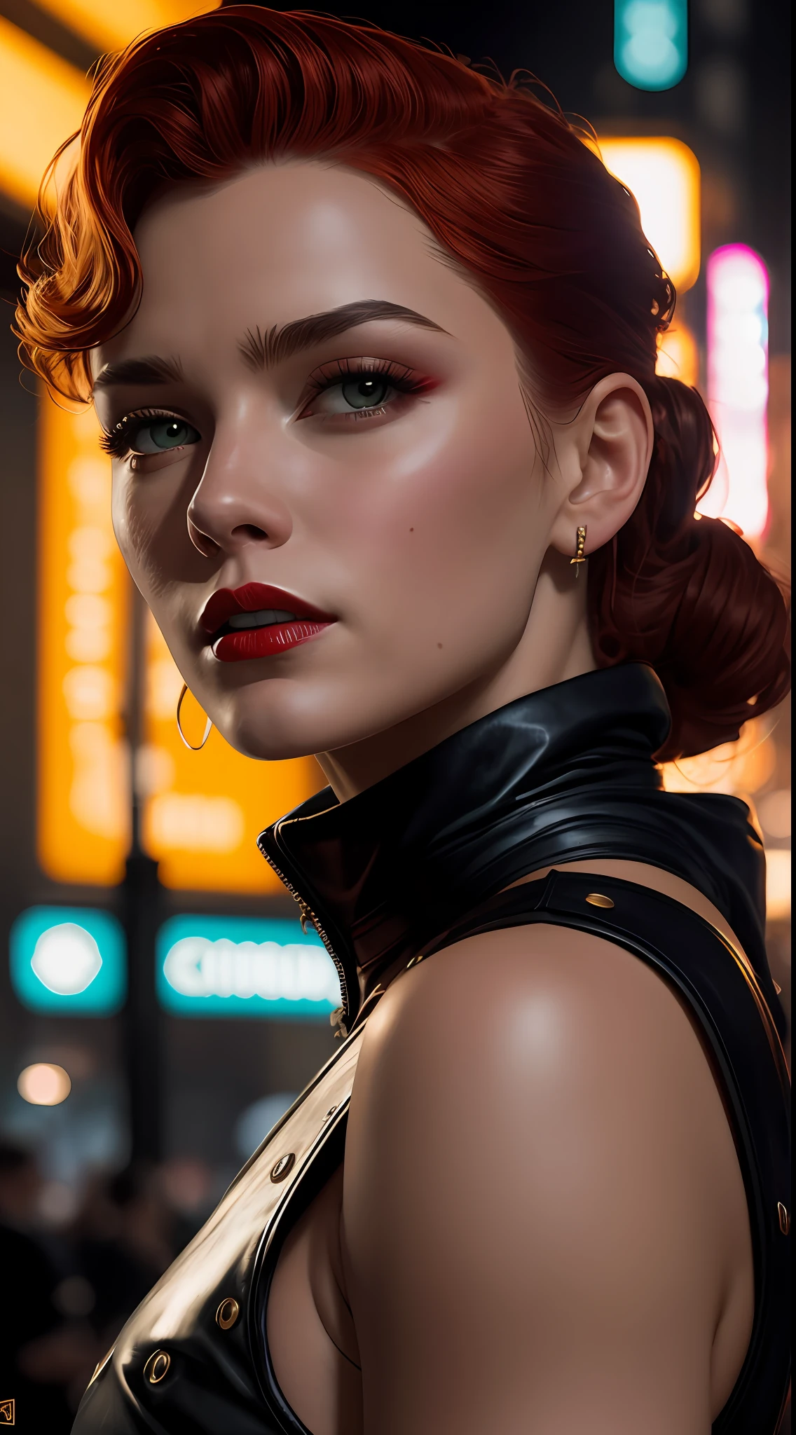 Close-up, uma supermodelo ruiva muito bonita com quadris muito largos e cintura estreita, full lips, cintura pequena e quadris grandes, Red lipstick, com roupas cyberpunk em uma cidade cyberpunk movimentada com placas de neon, neon lights, foco nítido, Studio photo, detalhes intrincados, altamente detalhado, profundidade de campo, foco nítido, High detail, textura de pele realista, Realistic, fotorrealista, arte digital, pintura fosca, Directed by: Greg Rutkowski