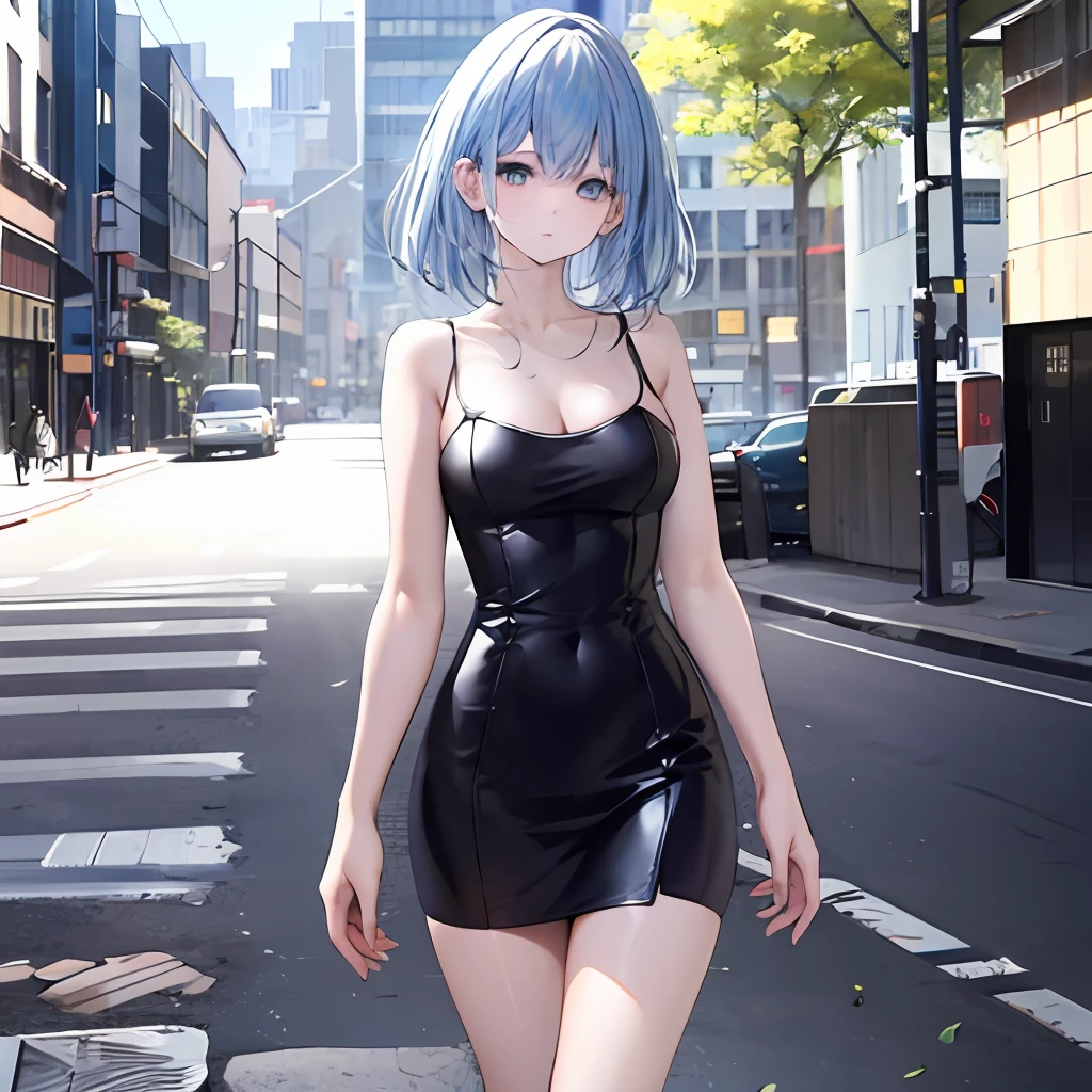 1girl, clavicle, impossible outfits, outfit Sexy Black Leather Dress Female Plain Party Style, standing, masterpiece, best quality, extremely detailed 8K wallpaper, pale skin, ultra detailed, volumetric lighting, best anatomy, detailed blue eyes , beautiful eyes, best shadow, ultra detailed, sunny day, city, green hills, wind, flying pink leaves, road, 1990s_(style), short straight hair