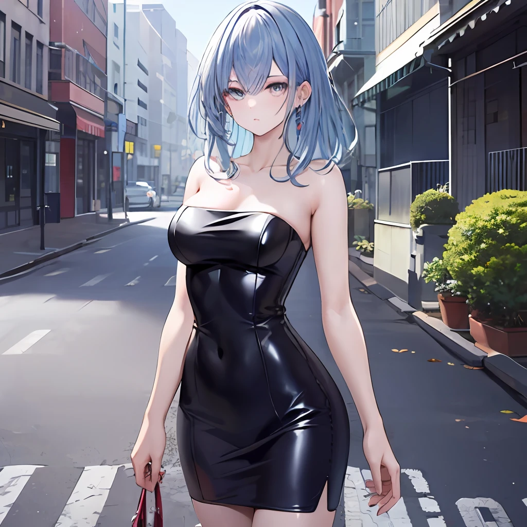 1girl, clavicle, impossible outfits, outfit Sexy Black Leather Dress Female Plain Party Style, standing, masterpiece, best quality, extremely detailed 8K wallpaper, pale skin, ultra detailed, volumetric lighting, best anatomy, detailed blue eyes , beautiful eyes, best shadow, ultra detailed, sunny day, city, green hills, wind, flying pink leaves, road, 1990s_(style), short straight hair