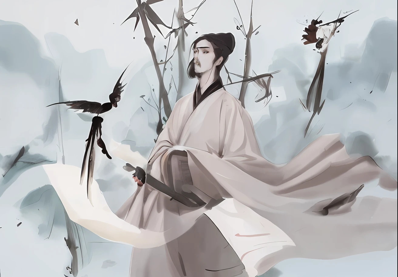 Painting a man in a white robe holding a sword and a bird, Inspired by Seki Dosheng, by Yang J, inspired by Zhu Derun, inspired by Wu Daozi, Inspired by Cao Zhibai, author:Qu Leilei, By Li Song, author:Fan Qi, Inspired by Zhao Yuan, inspired by Zhan Ziqian