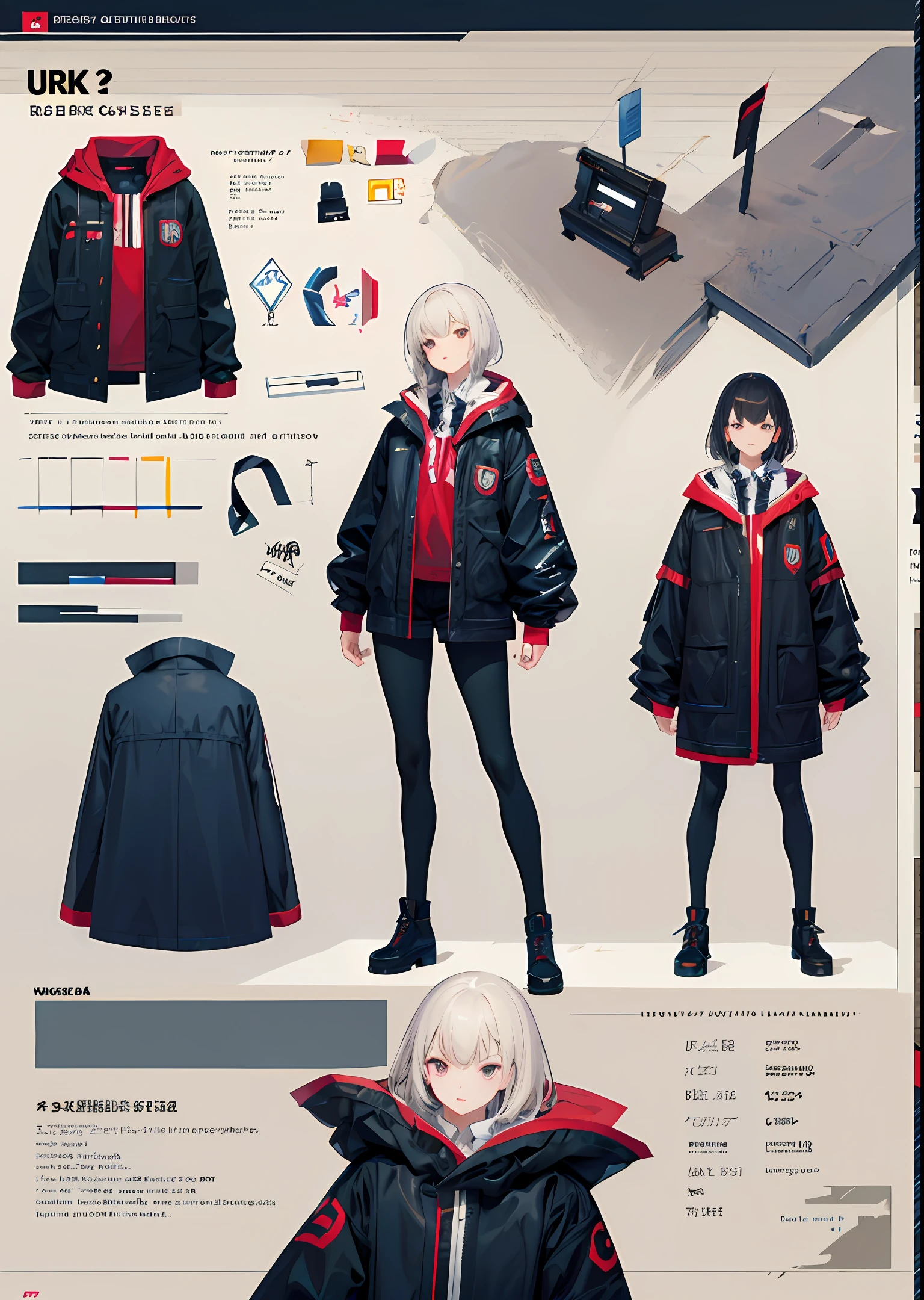 masterpiece, best quality, 1girl,highres, absurdres, full body,(ultra-detailed:1.1025), (illustration:1.1025), (infographic:1.1025), patent drawings, physical measurement, (all clothes configuration:1.1025), stationery, (solo:1.1025),standing, cohesive background, 5 fingers in hands, character sheet,