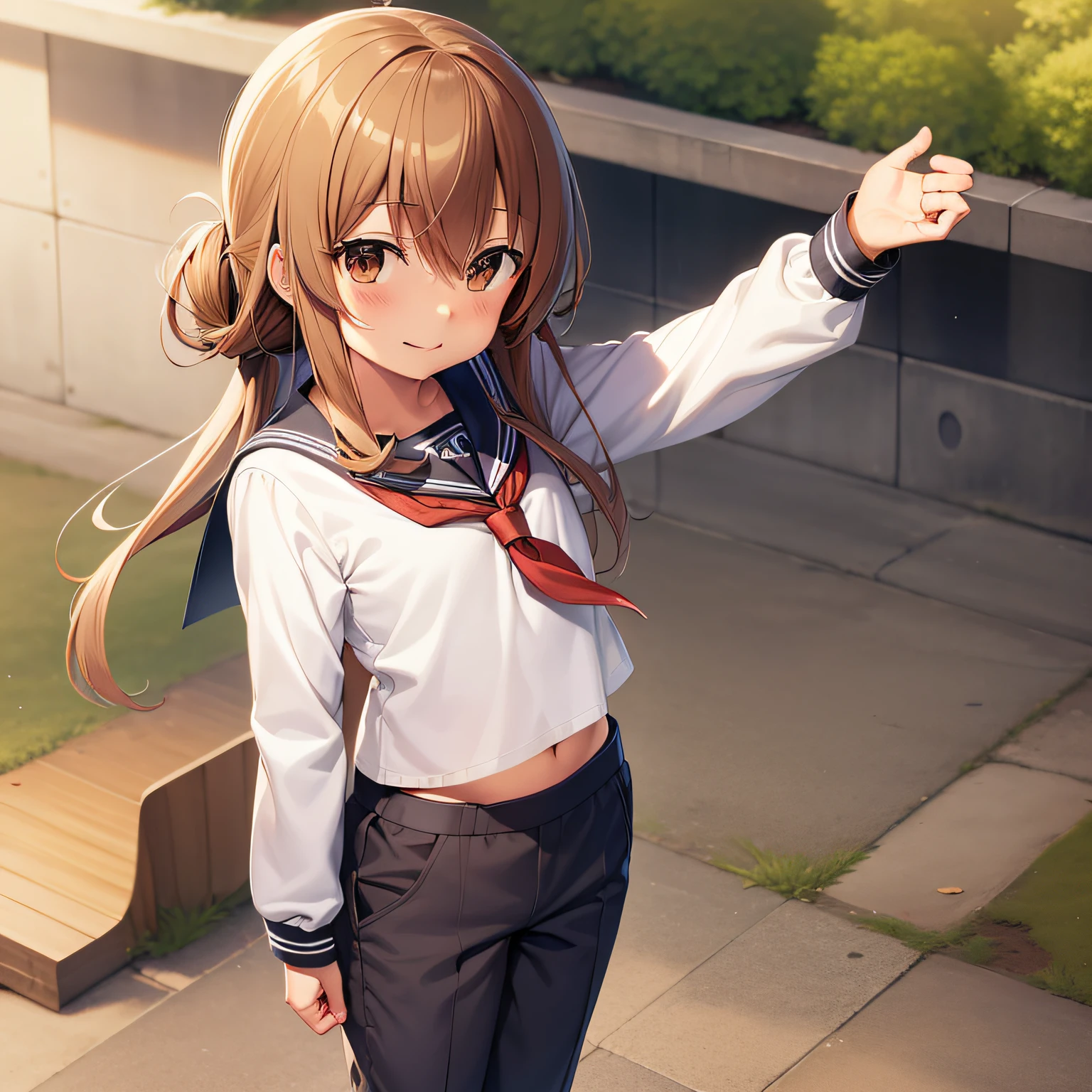 masutepiece,High quality,detaileds,Inazuma (kancolle),Angelic smile,skinFang,Lori, Brown hair, flat chest, School uniform,(((Sailor pants for the lower body)))、is standing