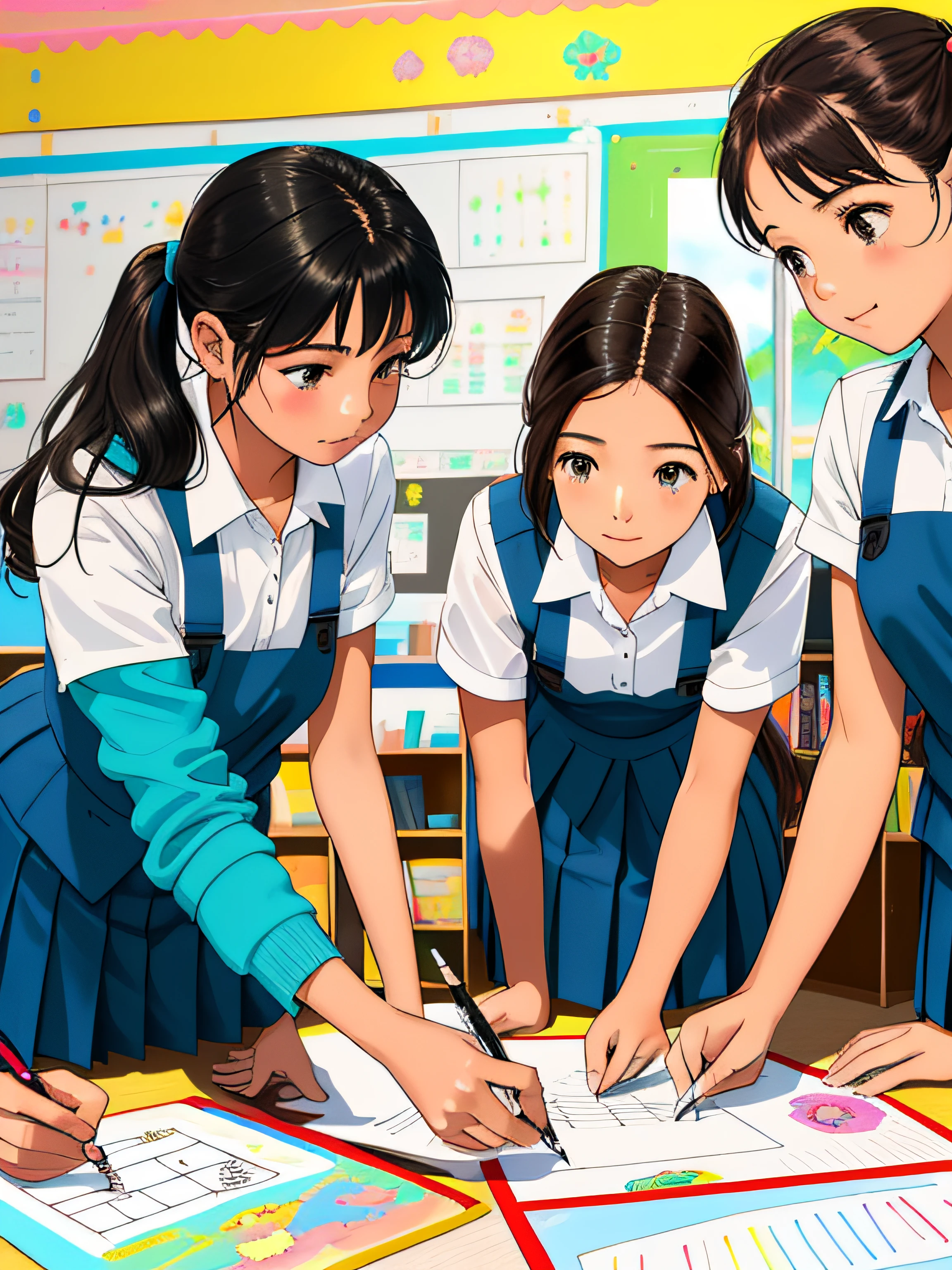 verano, DESIERTO, nubes rosadas, A land covered with roses meets beautiful girl, James Gurney, rendered art station, lente ultra gran angular, Hi-Def.. Three girls in school uniforms draw on a piece of paper, Dibujo infantil, children drawing with pencils, Antecedentes interesantes, Clase escolar, thought-provoking, Mejorado digitalmente, Drawing for children, visualmente agradable, Llevar uniforme escolar, Children painting, Bold graphics, Chicas lindas, Impresionante visual, Infantil, educativo, Warm and cheerful atmosphere, escuela privada, Uniforme escolar