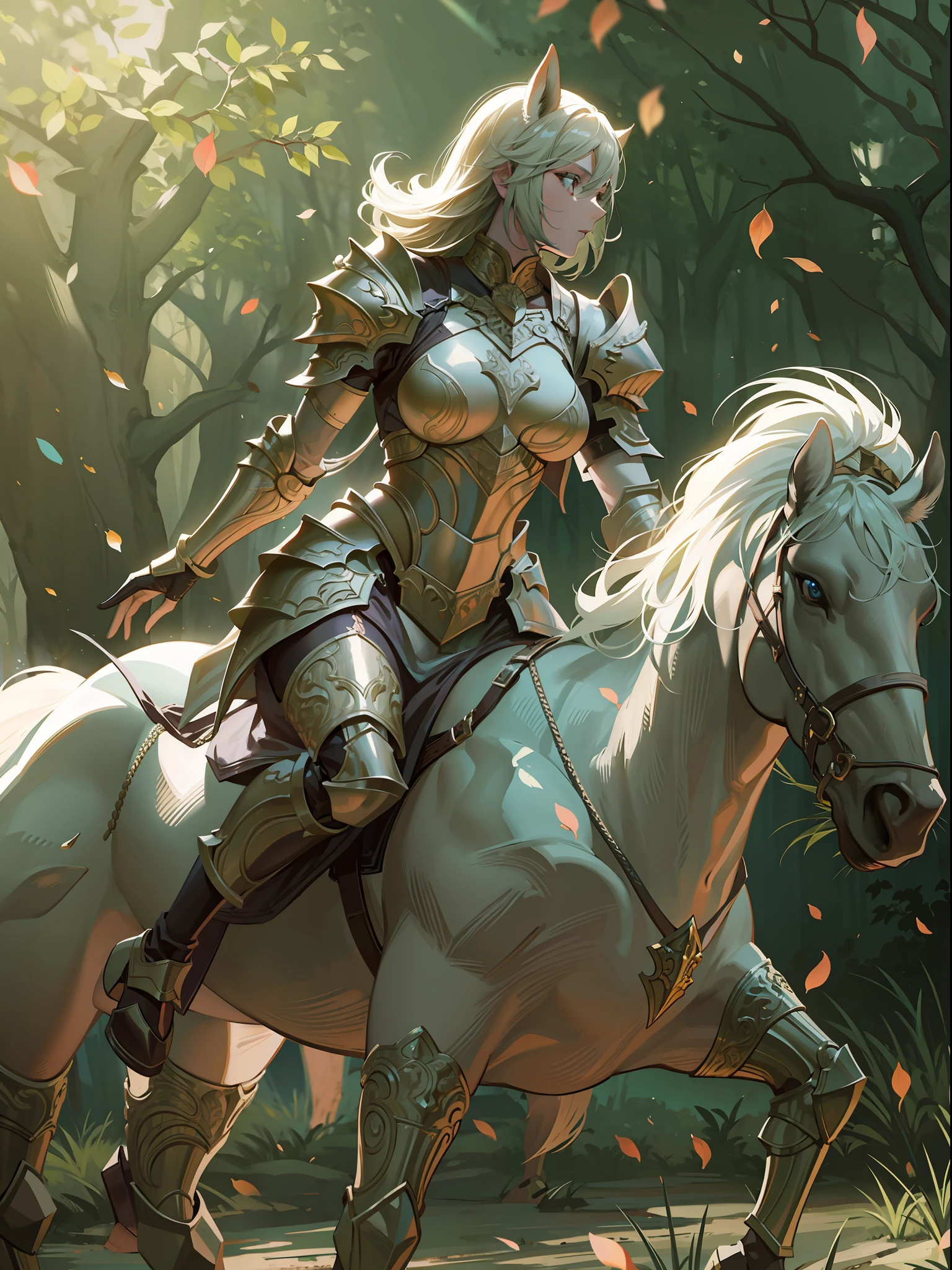 female centaur knight, comic style, translucent skin, subsurface scatter, ornate details, nature background, hyper-realistic, cinematic, dramatic lighting, masterpiece