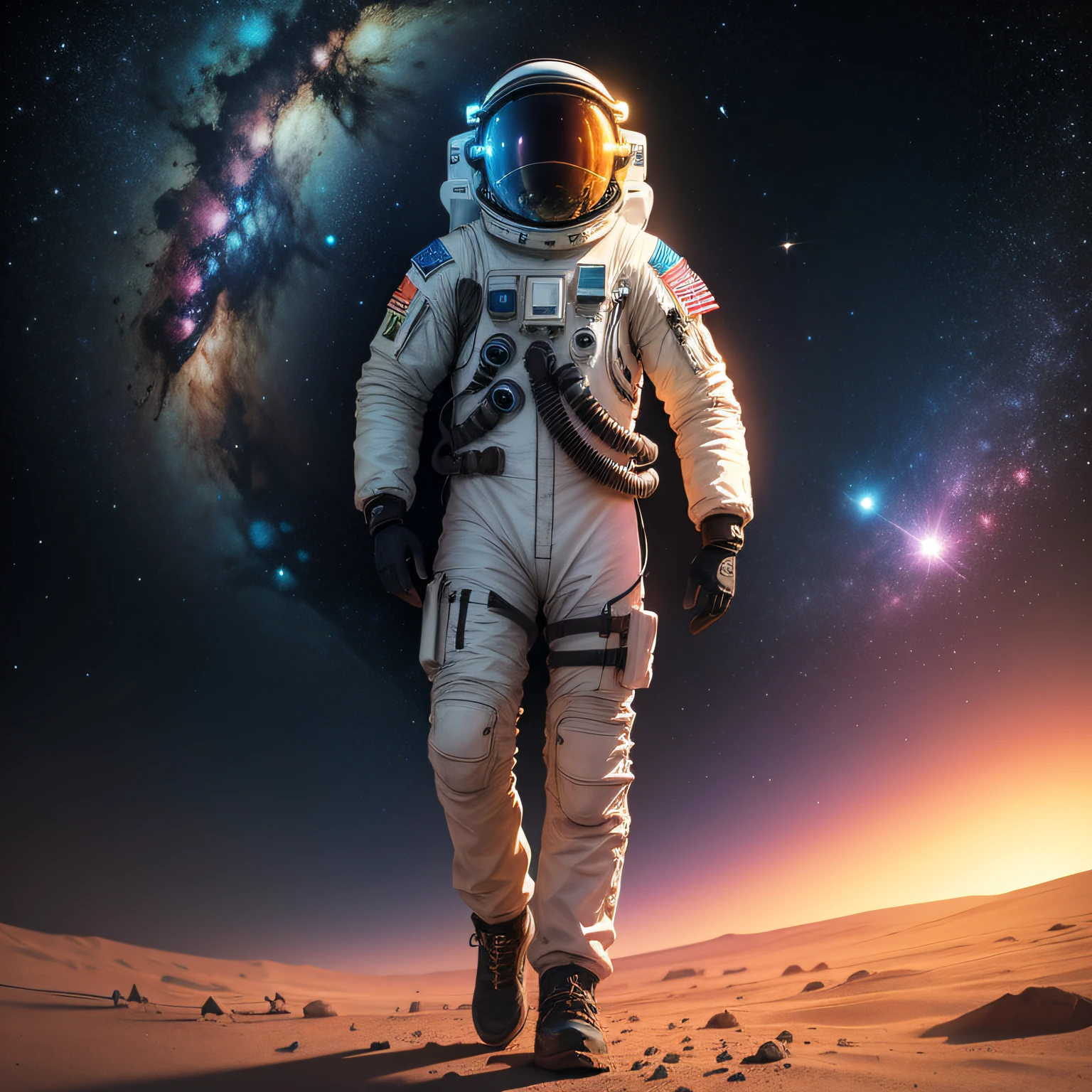 un astronauta caminando en marte, colores vibrantes, estilo neonpunk --auto