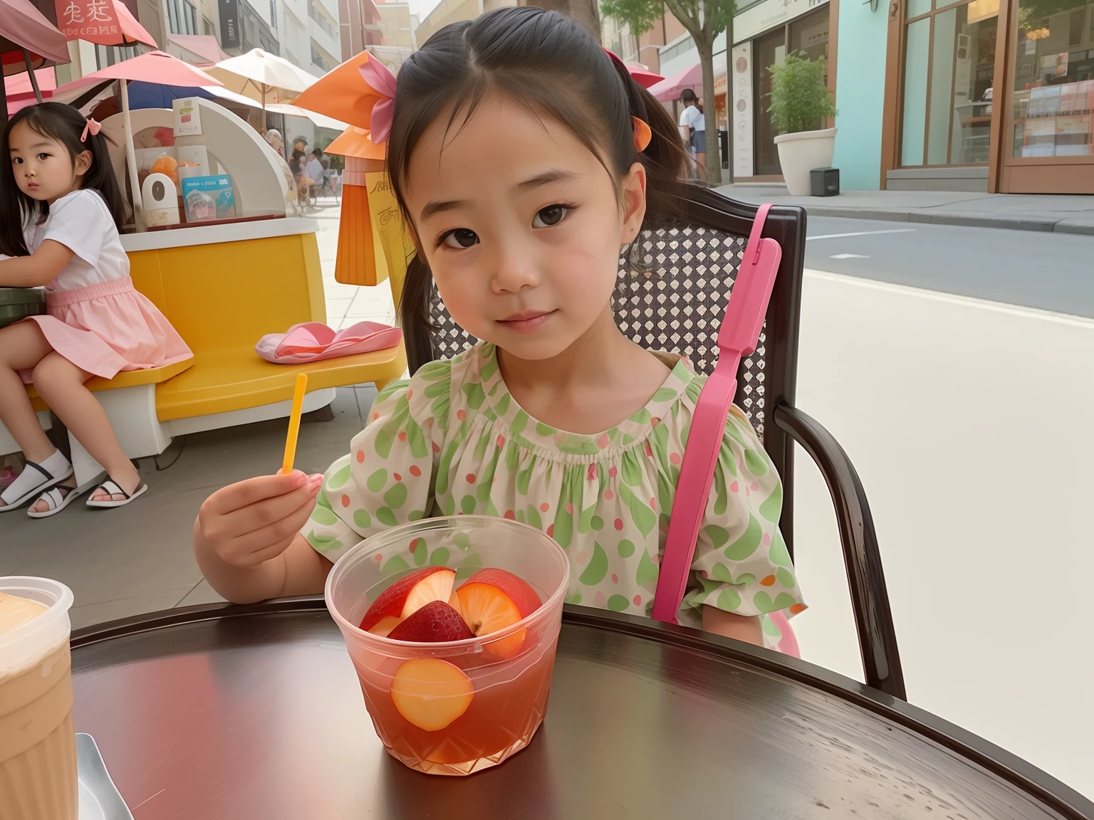 There was a little girl sitting at the table，Carrying a bowl of food, she is eating a peach, eating outside, she is easting a peach, kid, drinking a strawberry iced latte, Chinese girl, eating ice - cream, Eating, Young Asian girl, in a sidewalk cafe, Gamine, eating rotting fruit, kiddy big breasts, Handsome girl, delicacy --auto