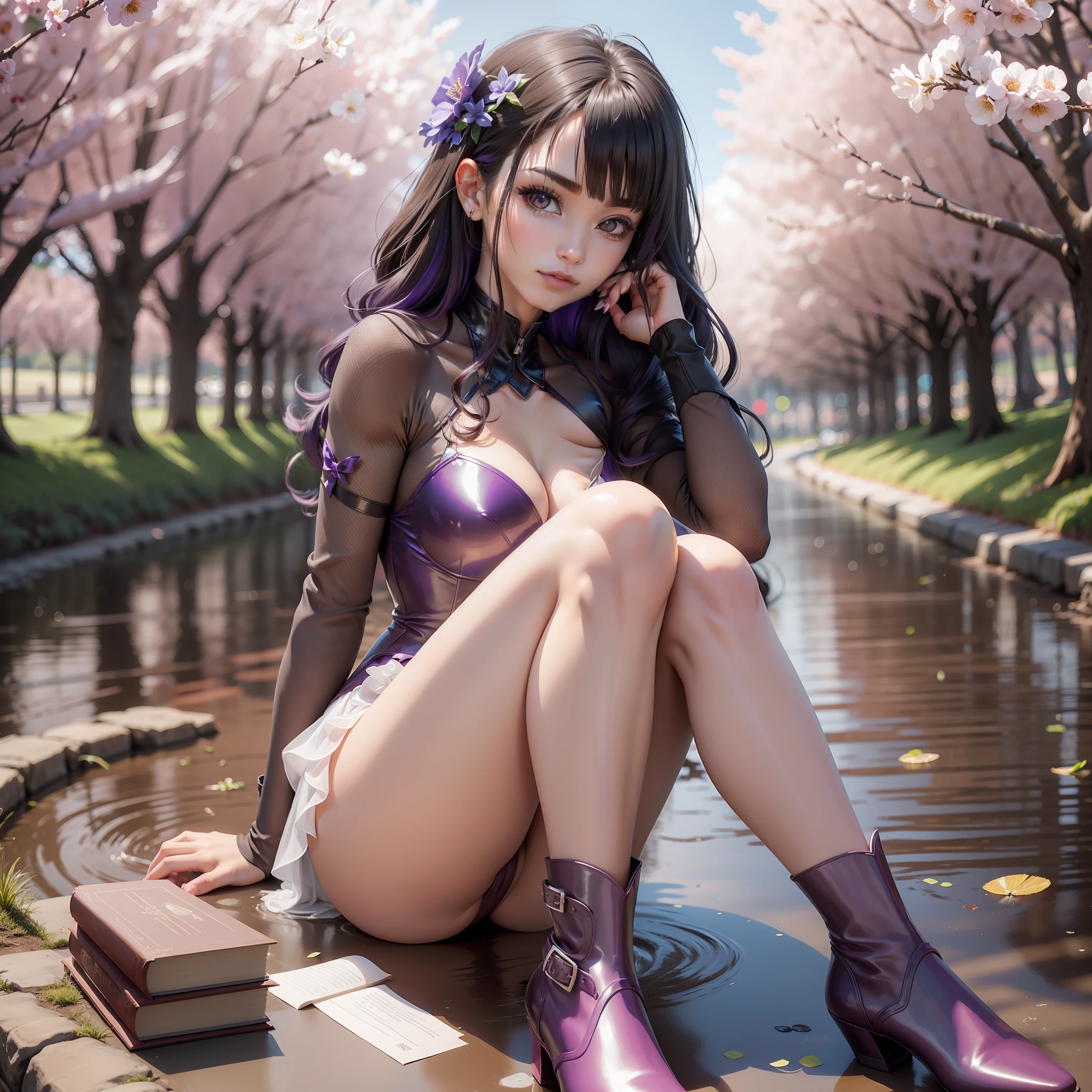 A 20-year-old girl surrounded by cherry trees,
cuerpo completo visible,
((17)) luz del sol,
desde abajo,
vista desde abajo,
edgScene black and purple,
cabello (Plana Lisa),
pelo corto,
ojos morados,
gargantilla,
(pechos enormes: 1.1),
sin sujetador,
(traje de ballet, plateado, ajustado),
(dedo del pie de camello, Cameltoe, en forma de,
Muslos grueso,
(mascara),
pies sumergidos en el rio,
(botas largas, tacones altos),
(obra maestra, mejor calidad), sthe highest qualit, CinematicLight, 4k,