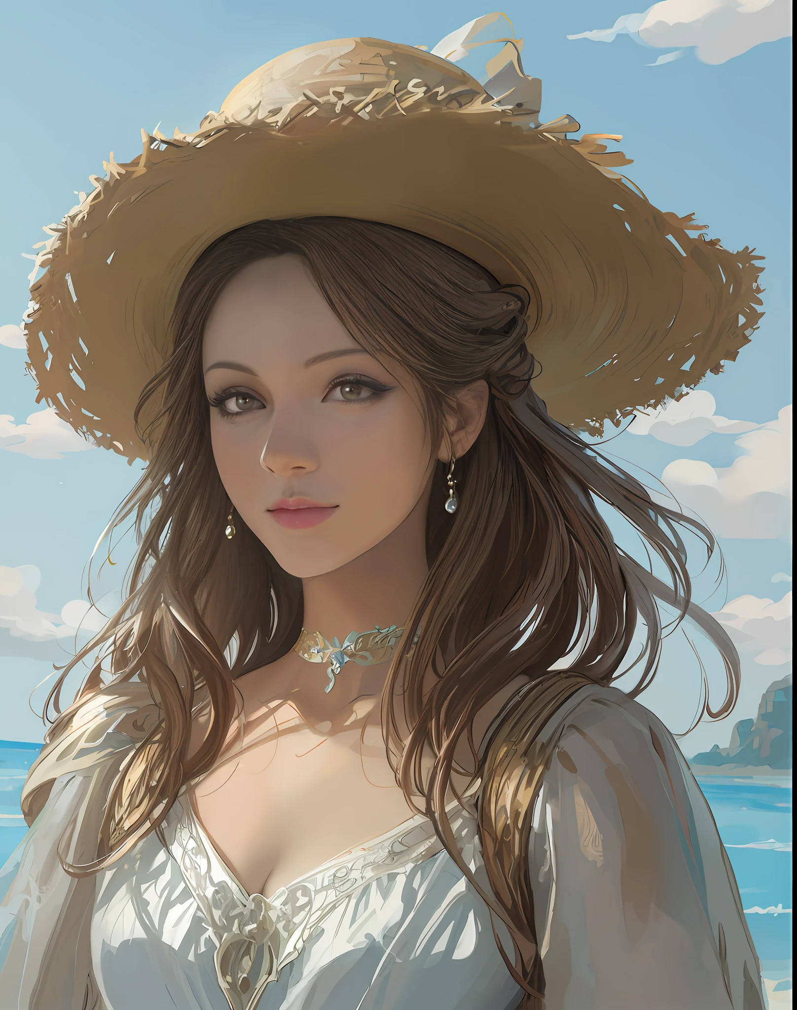 There was a woman in a hat on the beach, in the art style of bowater, Guviz-style artwork, Beautiful character painting, Beautiful digital illustration, drawn in anime painter studio, Guviz, by Yang J, A beautiful artwork illustration, made with anime painter studio, By Li Song, detailed portrait of an anime girl, stunning digital illustration,Realistis