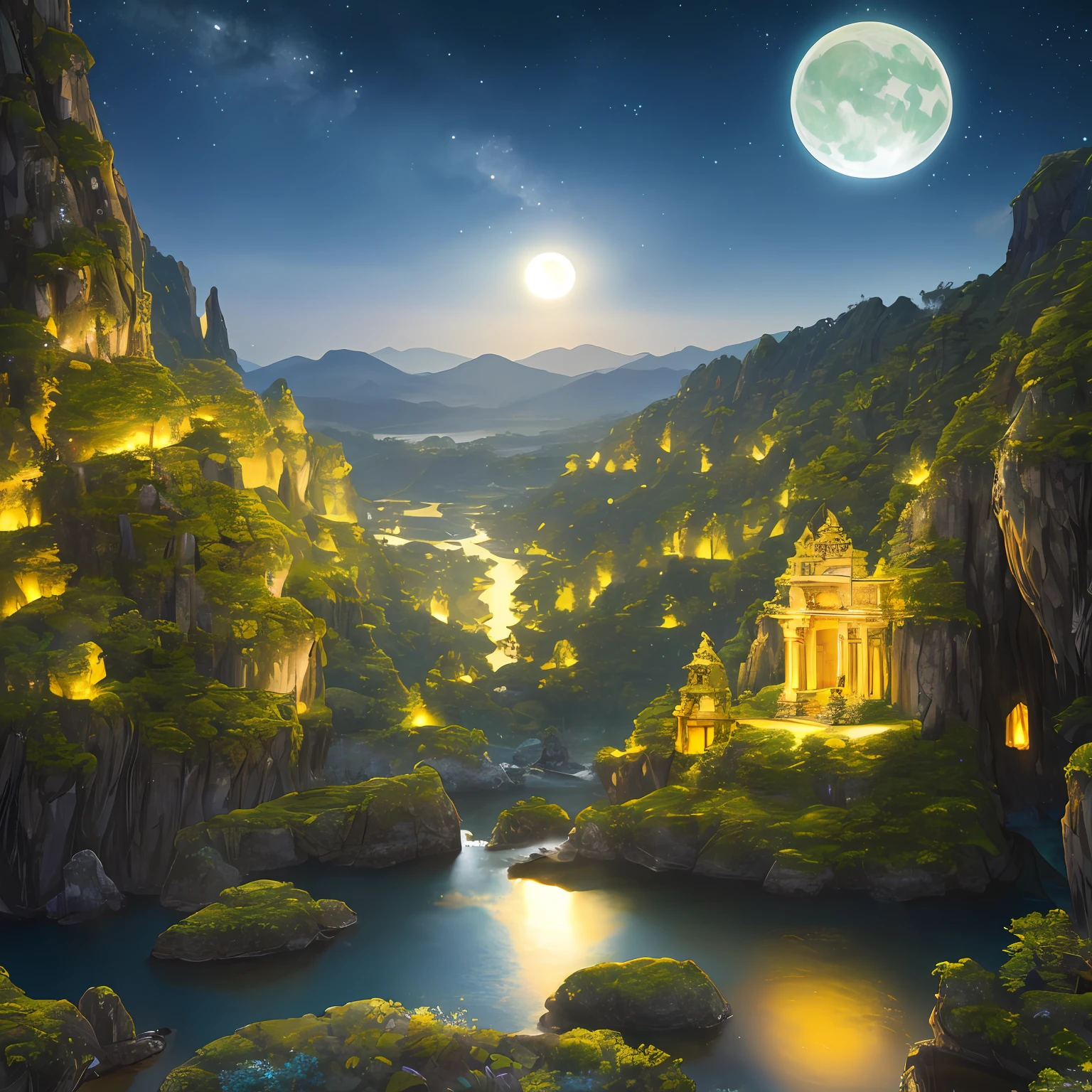 Best Quality, 8K, Masterpiece , extremely detailed CG unity 8k wallpaper, UHD, 16k , Hight detail , Illustration of a hyperrealistic , otherworldly, A breathtaking nocturnal landscape of a region adorned with rocky streams and cascading waterfalls, flanked by steep cliffs covered in moss and lush green trees. The panoramic view extends far into the distance, featuring ancient golden sculptures reflecting the moonlight amidst the serene moonlit scenery, Soft moonlight illuminating the landscape, creating a serene and ethereal atmosphere, Enchanting, surreal, tranquil, majestic, mystical, otherworldly, opulent