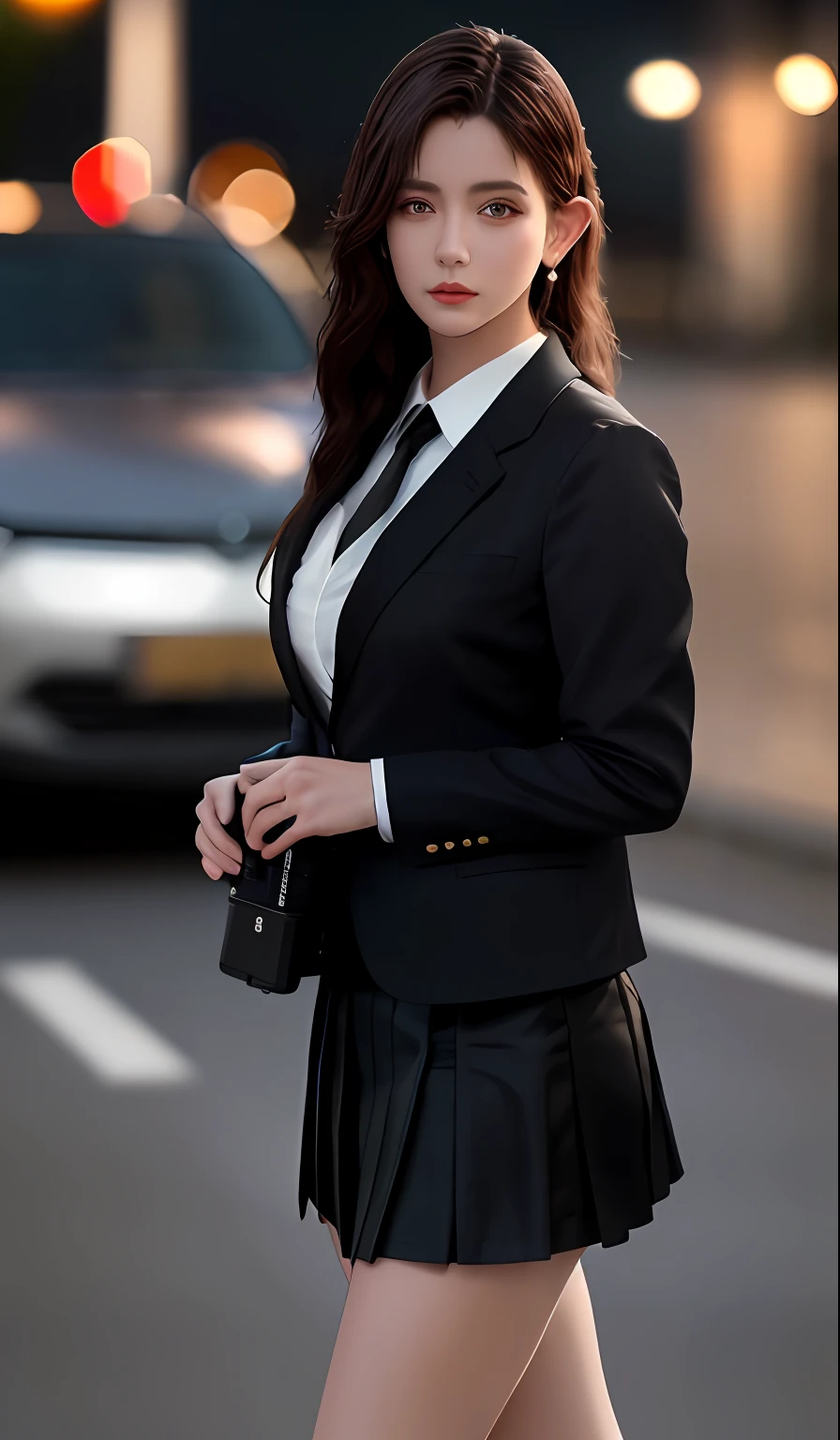 best quality, masterpiece, 1girl, Beautiful face, (photo realistic:1.3), rim lighting, (high detailed skin:1.2), 8k uhd, dslr, high quality, high resolution, 4k, 8k, Bokeh, absurdres, best ratio four finger and one thumb, (realistic:1.3), cute 1girl, wearing black formal blazer, medium breasts, short skirt,