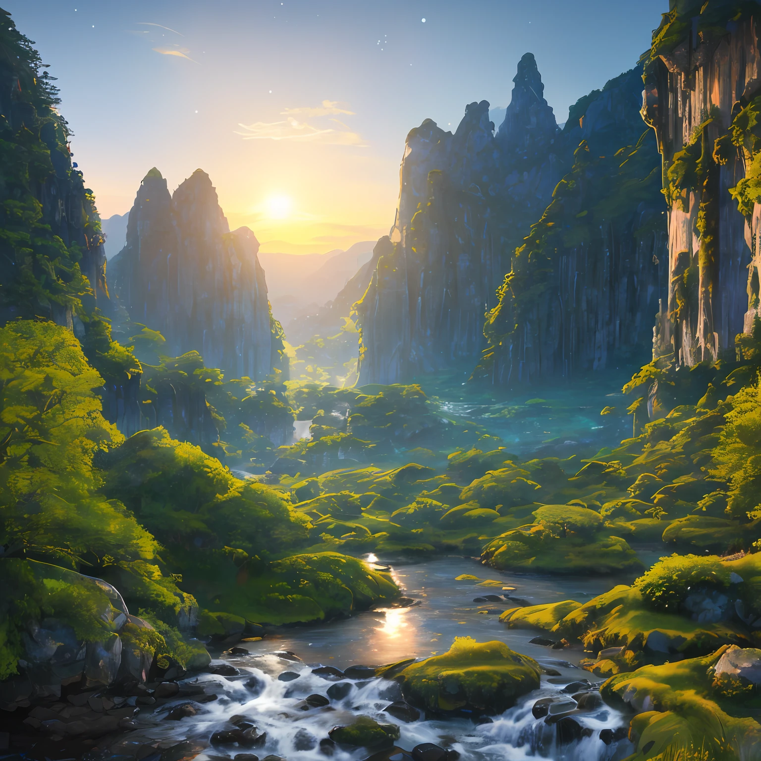 Best Quality, 8K, Masterpiece , extremely detailed CG unity 8k wallpaper, UHD, 16k , Hight detail , Illustration of a hyperrealistic , otherworldly, A breathtaking nocturnal landscape of a region adorned with rocky streams and cascading waterfalls, flanked by steep cliffs covered in moss and lush green trees. The panoramic view extends far into the distance, featuring ancient golden sculptures reflecting the moonlight amidst the serene moonlit scenery, Soft moonlight illuminating the landscape, creating a serene and ethereal atmosphere, Enchanting, surreal, tranquil, majestic, mystical, otherworldly, opulent