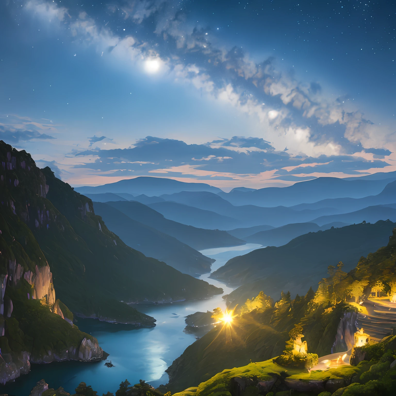 Best Quality, 8K, Masterpiece , extremely detailed CG unity 8k wallpaper, UHD, 16k , Hight detail , Illustration of a hyperrealistic , otherworldly, A breathtaking nocturnal landscape of a region adorned with rocky streams and cascading waterfalls, flanked by steep cliffs covered in moss and lush green trees. The panoramic view extends far into the distance, featuring ancient golden sculptures reflecting the moonlight amidst the serene moonlit scenery, Soft moonlight illuminating the landscape, creating a serene and ethereal atmosphere, Enchanting, surreal, tranquil, majestic, mystical, otherworldly, opulent