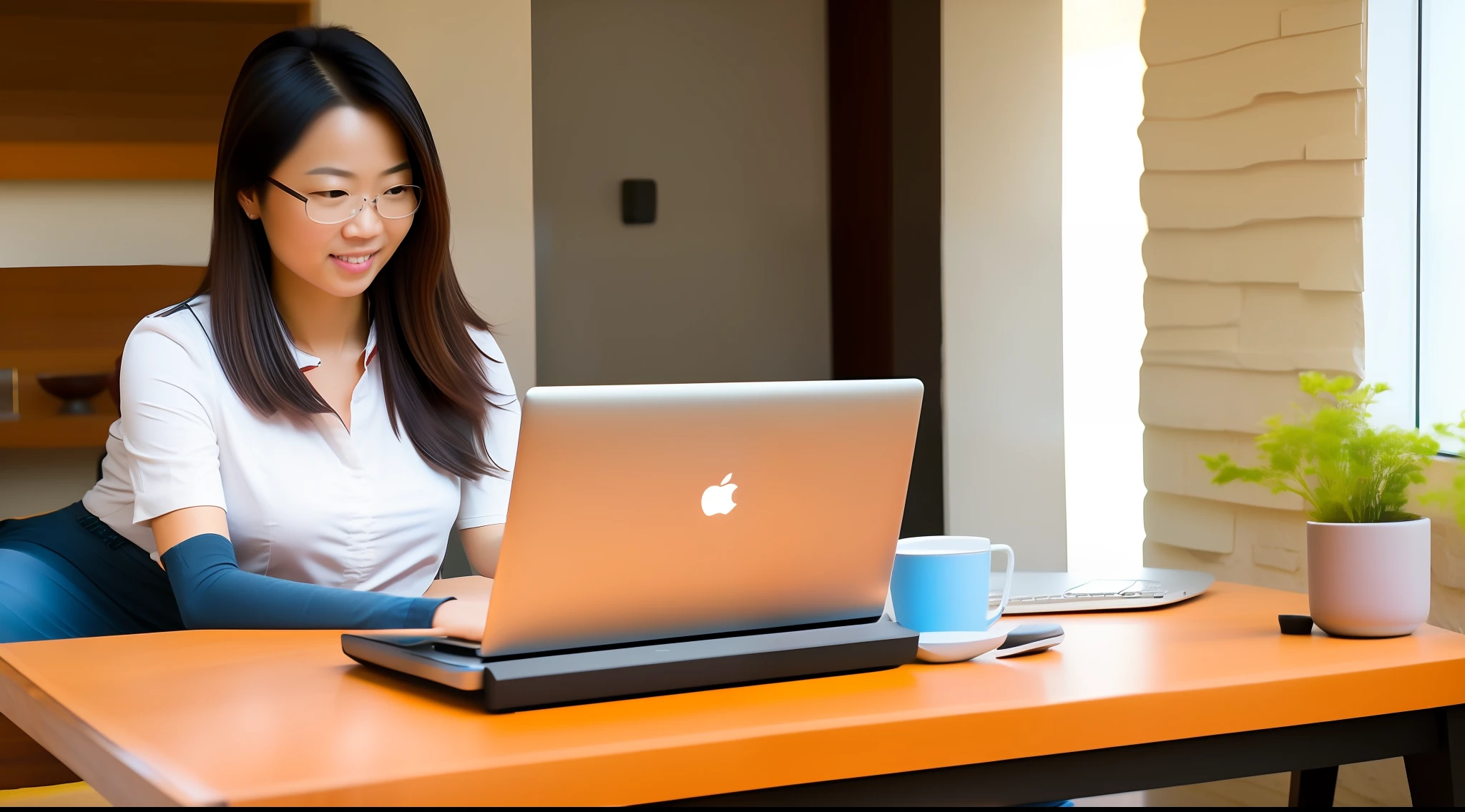 Background:in a room with natural light. There is a table in the middle of the room, on the table there is a laptop. Woman sitting in front of laptop, looking at screen. The woman is a young asian woman with long, brown hair. She wears a white shirt and jeans. She was looking at the laptop screen with concentration. On the screen there is a web page with information about a product. A dialog is a small dialog box that appears in the lower right corner of the screen. It shows a list of similar products that the woman may be interested in.