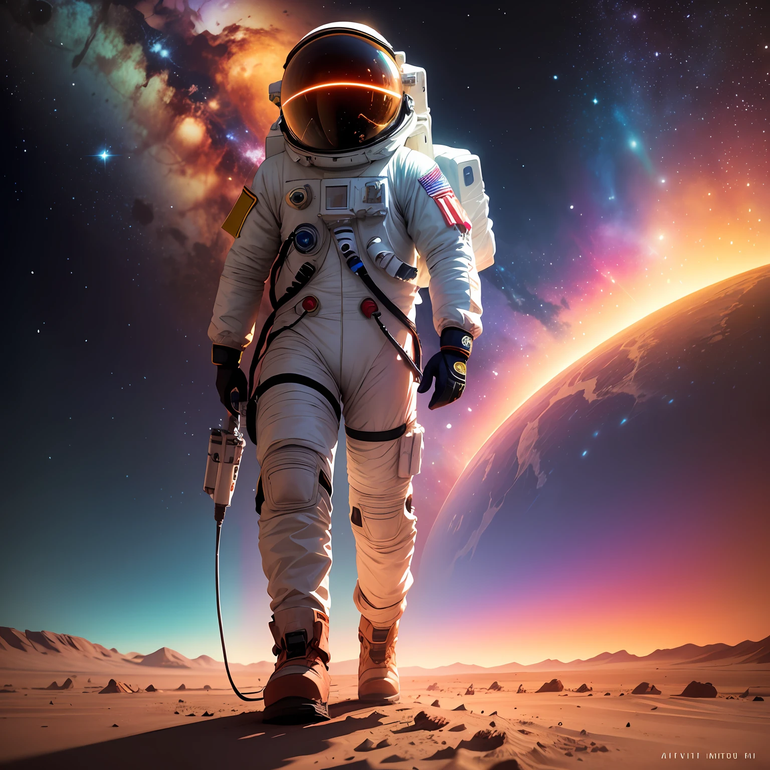 un astronauta caminando en marte, colores vibrantes, estilo neonpunk --auto