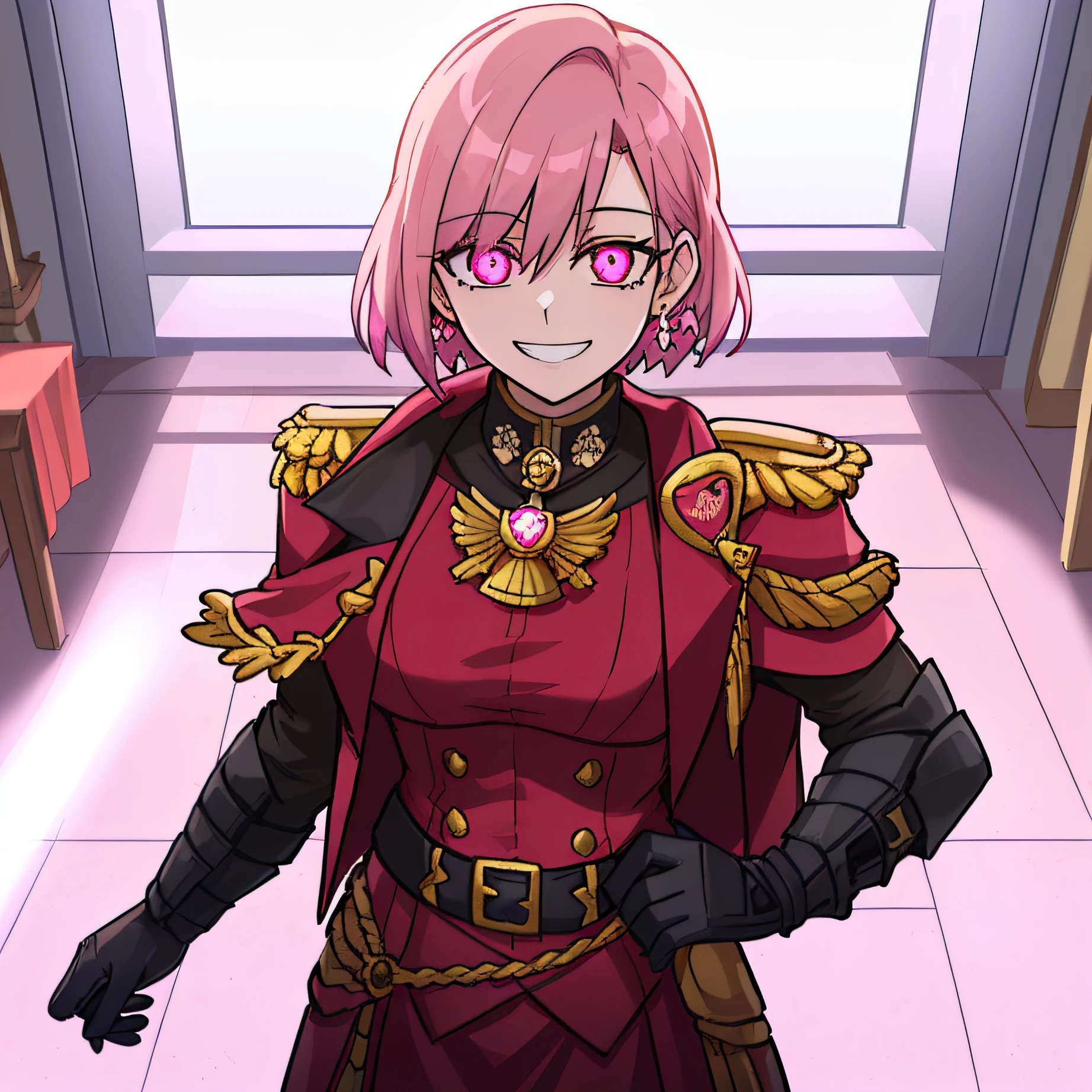 ((Adepta Sororitas, best quality, masterpiece, ultra-detailed, absurdress)), 1girl, (solo:1.4), armor, pink hair, short hair, tomboy, indoors, from above, looking at viewer, birthday, ((pink eye, glowing eyes)), grin, smile, indoor, lighting, volumetric lighting, semi-realistic