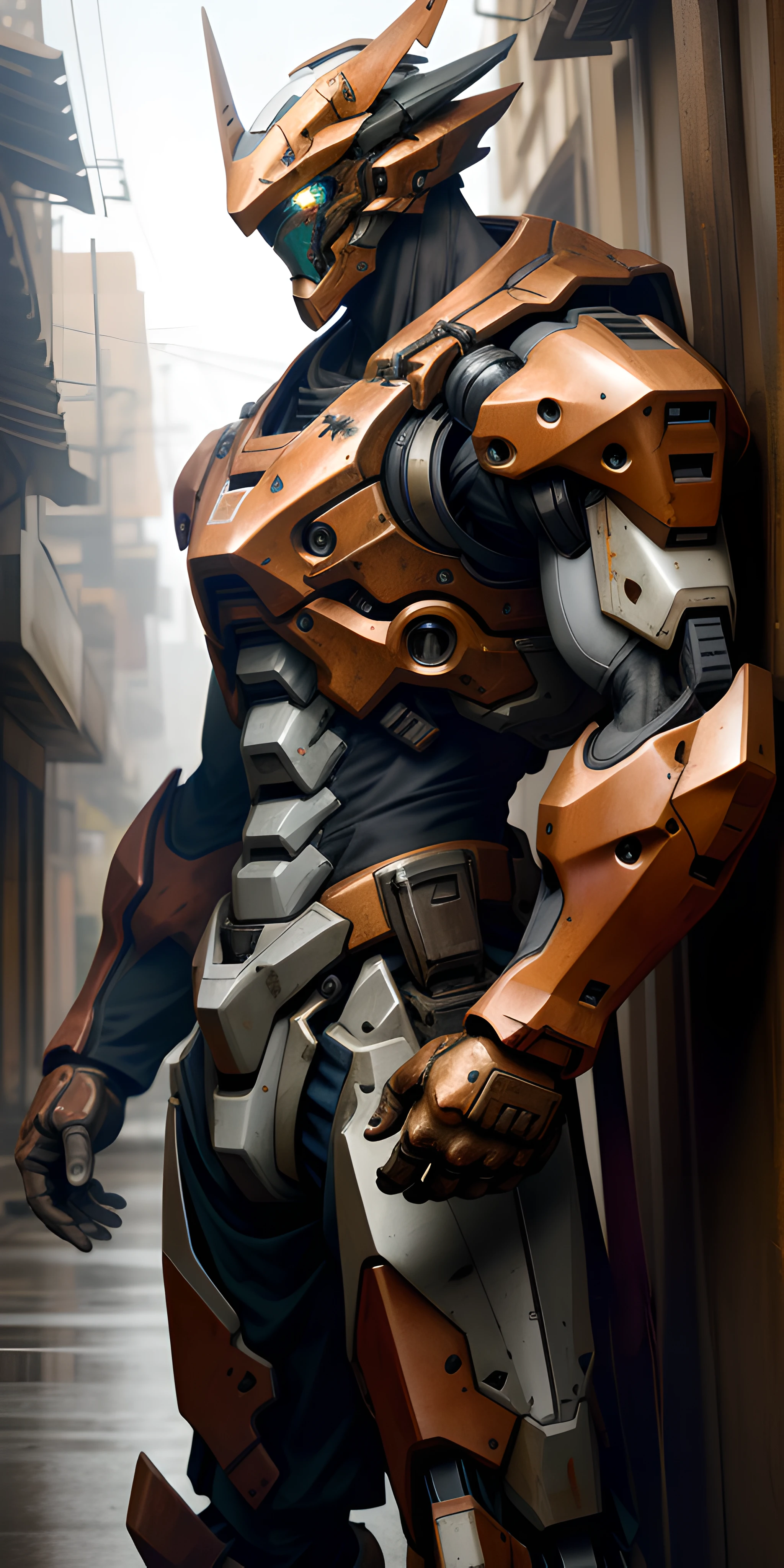 Portrait photo of an alpha male, perfect eyes, in a worn mecha suit, intricate, (steel metal [rust]), elegant, sharp focus, photo by greg rutkowski, soft lighting, vibrant colors, masterpiece, ((streets)), cowboy shot, dynamic pose,