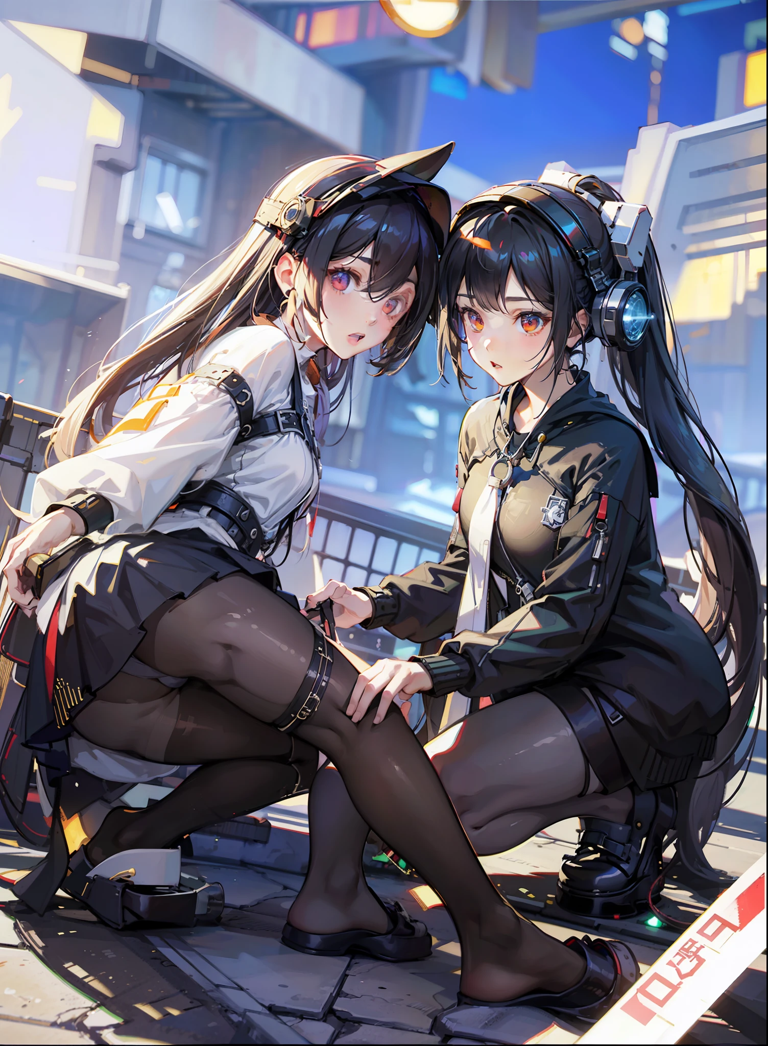 ((best qualtiy)), ((tmasterpiece)), (the detail:1.4), 3D, Two beautiful cyberpunk female figures,HDR（HighDynamicRange）,Ray traching,NVIDIA RTX,Super-Resolution,Unreal 5,Subsurface scattering、PBR Texture、post-proces、Anisotropy Filtering、depth of fields、maximum definition and sharpness、Many-Layer Textures、Albedo e mapas Speculares、Surface Coloring、Accurate simulation of light-material interactions、perfectly proportions、Octane Render、Two-colored light、largeaperture、Low ISO、White balance、the rule of thirds、8K RAW、