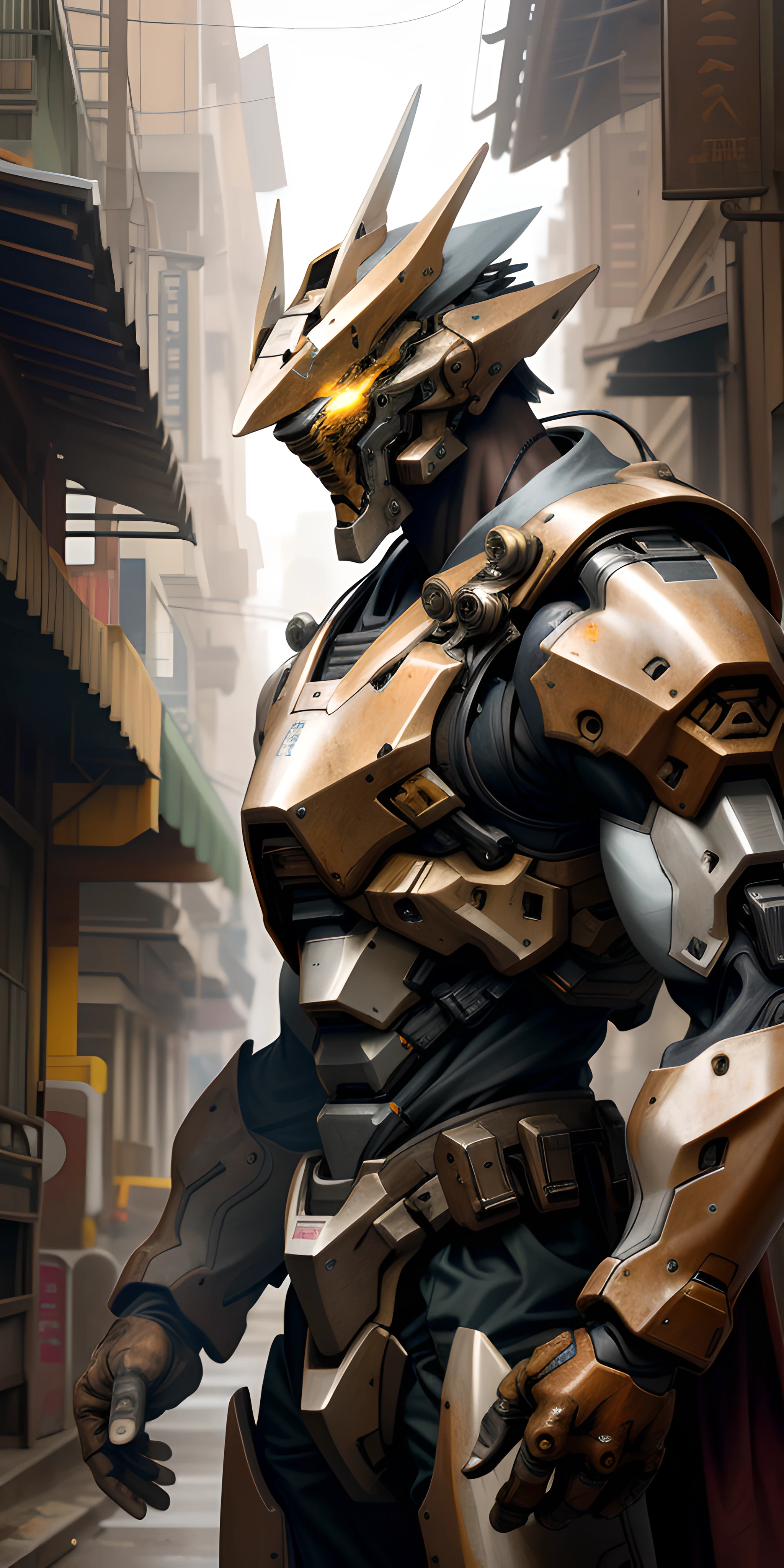 Portrait photo of an alpha male, perfect eyes, in a worn mecha suit, intricate, (steel metal [rust]), elegant, sharp focus, photo by greg rutkowski, soft lighting, vibrant colors, masterpiece, ((streets)), cowboy shot, dynamic pose,