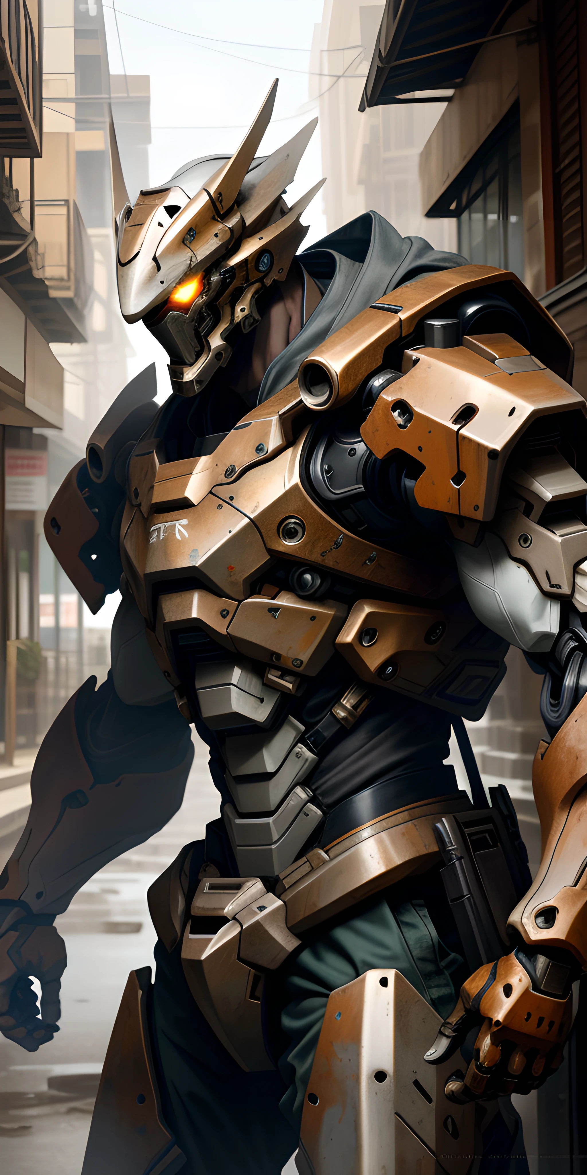 Portrait photo of an alpha male, perfect eyes, in a worn mecha suit, intricate, (steel metal [rust]), elegant, sharp focus, photo by greg rutkowski, soft lighting, vibrant colors, masterpiece, ((streets)), cowboy shot, dynamic pose,