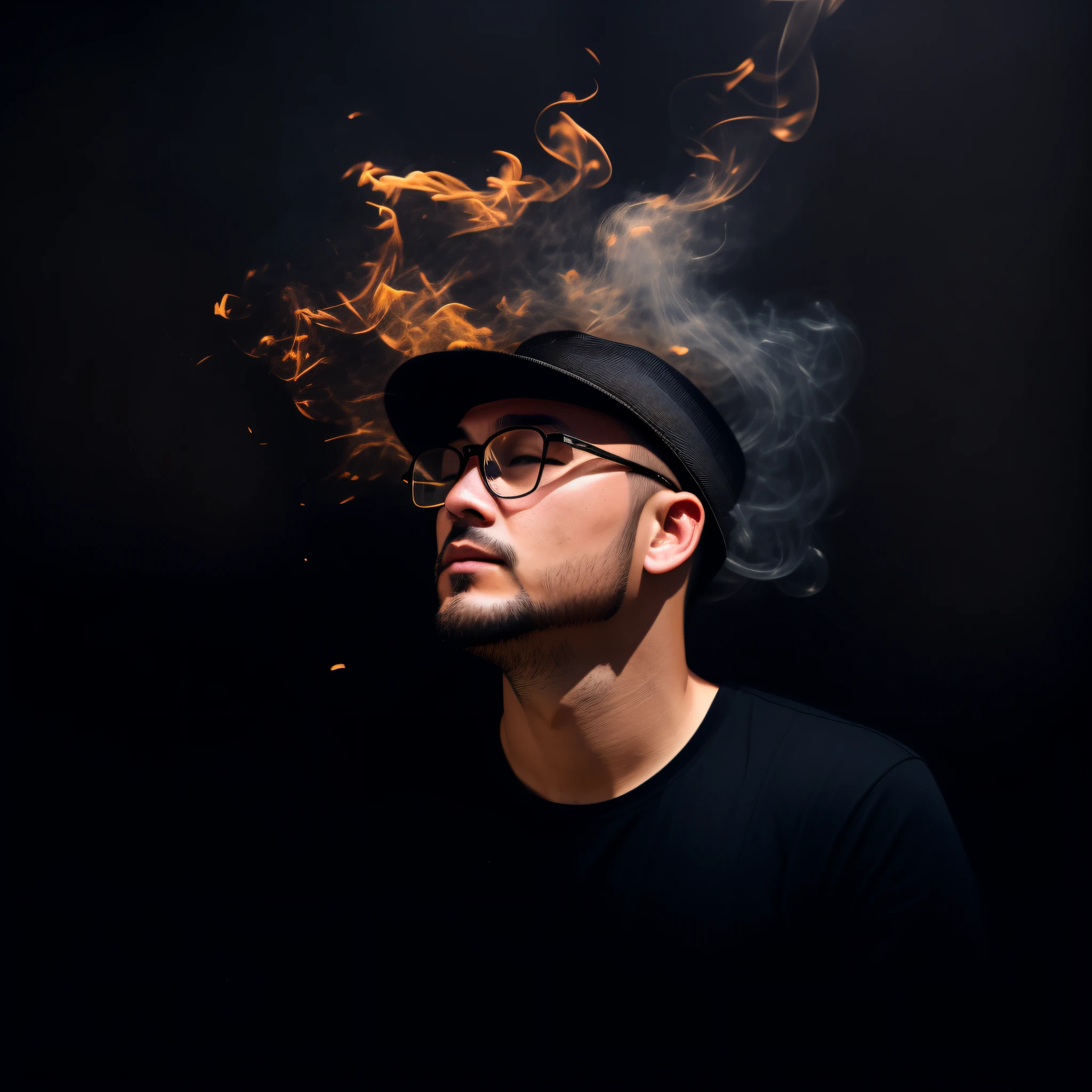 There was a man wearing a hat and glasses，There is a lot of smoke on the head，Authentic photo texture，Young men，Enhance texture，8K分辨率，little beard，Tough and strong，The contours of the face are clearly defined