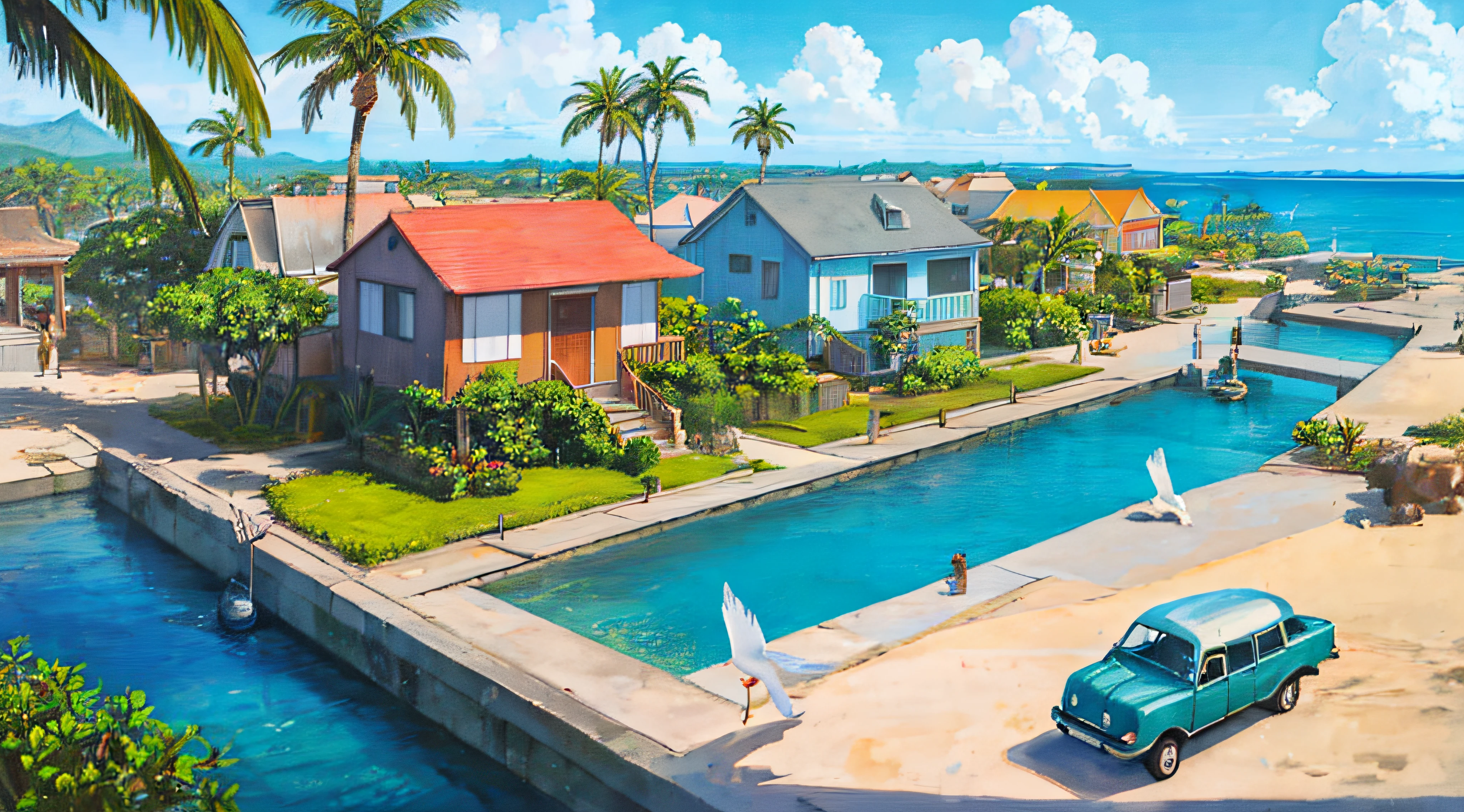 (((Best Quality))), high saturation, Clear, reasonable structure, Cartoon style, architecture, Seafront, Double, hut, palm tree, sand, the ocean, seagull, sky, Sunny day, Fantasy, no_humans, Outdoor, Landscape, Real, beautiful and amazing landscape oil painting Ghibli Studio Miyazaki’s tropical island with blue sea and sky, tropical island, coconut --v6