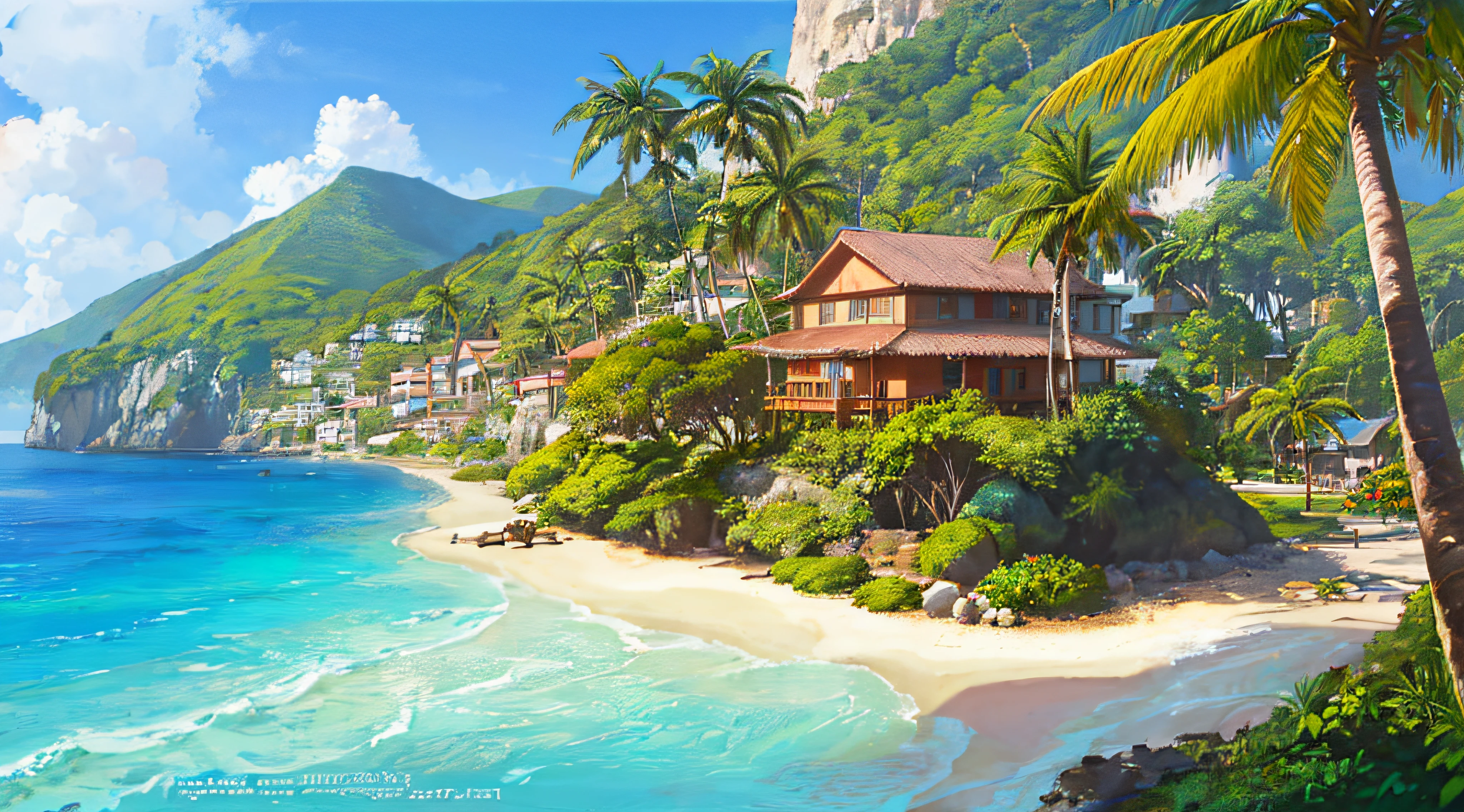 (((Best Quality))), high saturation, Clear, reasonable structure, Cartoon style, architecture, Seafront, Double, hut, palm tree, sand, the ocean, seagull, sky, Sunny day, Fantasy, no_humans, Outdoor, Landscape, Real, beautiful and amazing landscape oil painting Ghibli Studio Miyazaki’s tropical island with blue sea and sky, tropical island, coconut --v6