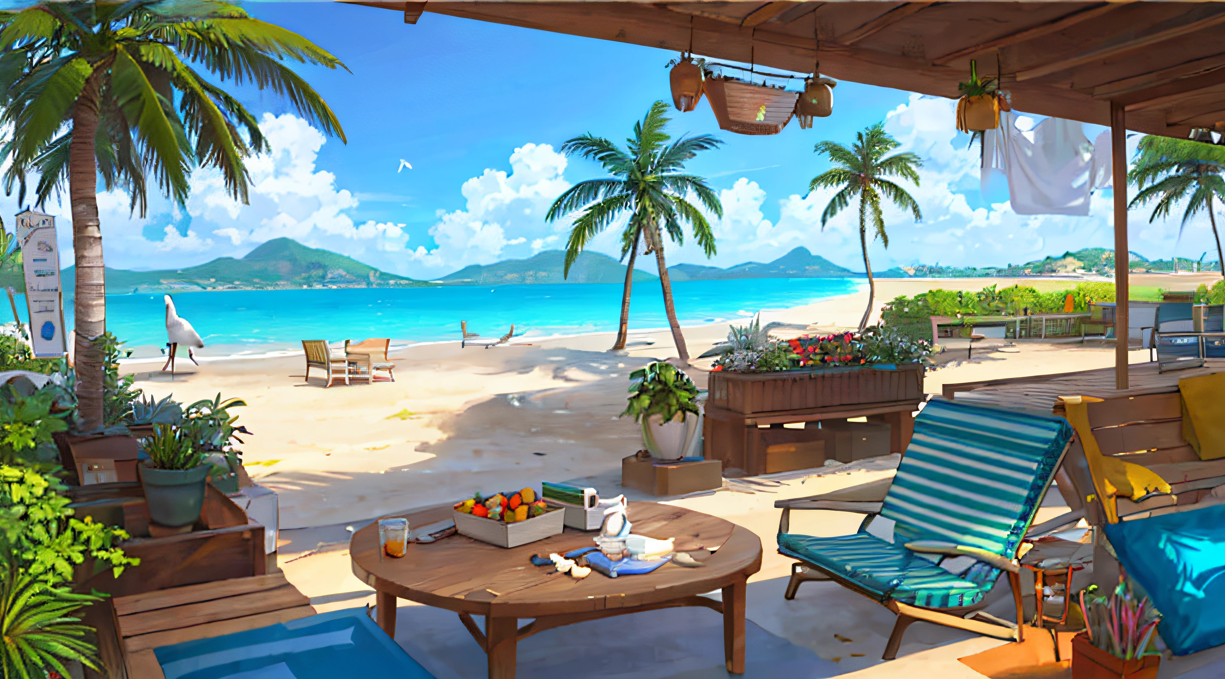 (((Best Quality))), high saturation, Clear, reasonable structure, Cartoon style, architecture, Seafront, Double, hut, palm tree, sand, the ocean, seagull, sky, Sunny day, Fantasy, no_humans, Outdoor, Landscape, Real, beautiful and amazing landscape oil painting Ghibli Studio Miyazaki’s tropical island with blue sea and sky, tropical island, coconut --v6