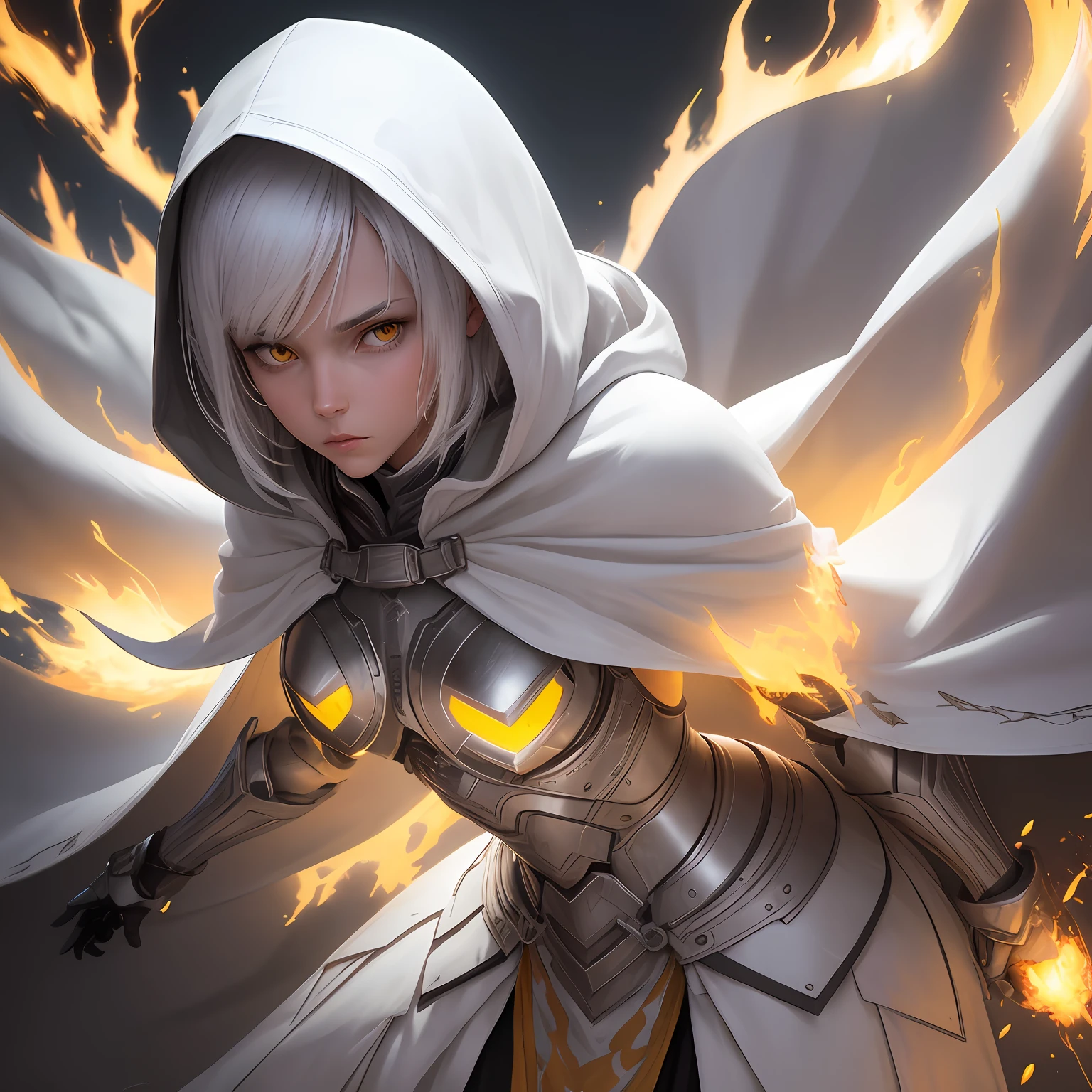 short hair, concentrated face, white hair, yellow eyes, full white metal armor, android, human appearance, adult female, dress cape, hooded robe, on flames itself --auto