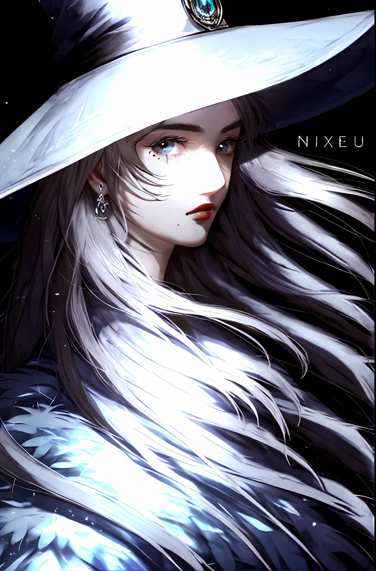 nixeu, 1girl, black background, blonde hair, closed mouth, earrings, fur trim, grey eyes, hat, highres, jewelry, large hat, light particles, long hair, looking at viewer, mixed-language commentary, mole, mole under mouth, nostrils, original, red lips, shaded face, shadow, simple background, solo, upper body, witch hat