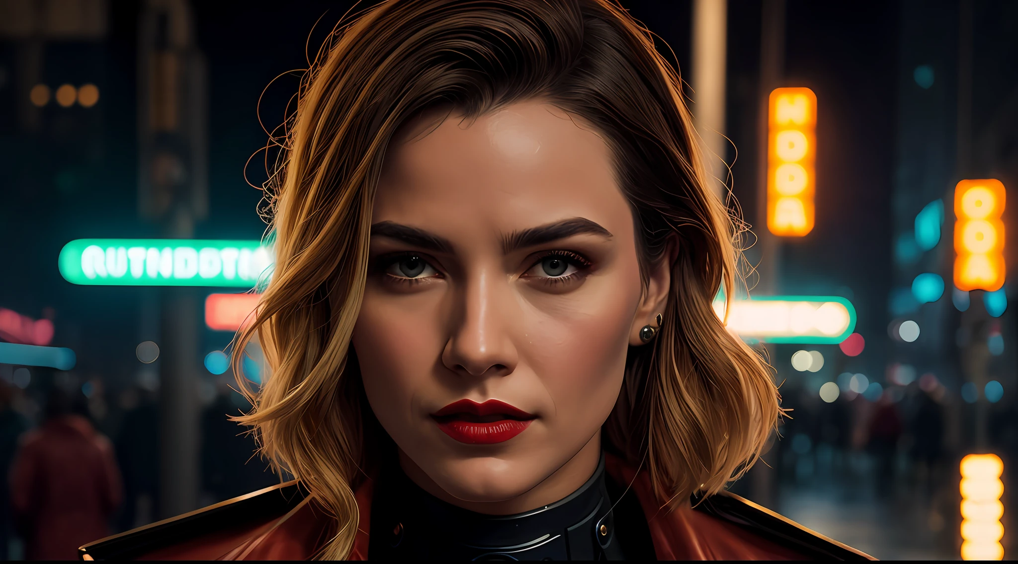 Close-up, uma supermodelo muito bonita, blonde, com quadris muito largos e cintura estreita, full lips, cintura pequena e quadris grandes, Red lipstick, com roupas cyberpunk em uma cidade cyberpunk movimentada com placas de neon, neon lights, foco nítido, Studio photo, detalhes intrincados, altamente detalhado, profundidade de campo, foco nítido, High detail, textura de pele realista, Realistic, fotorrealista, arte digital, pintura fosca, Directed by: Greg Rutkowski