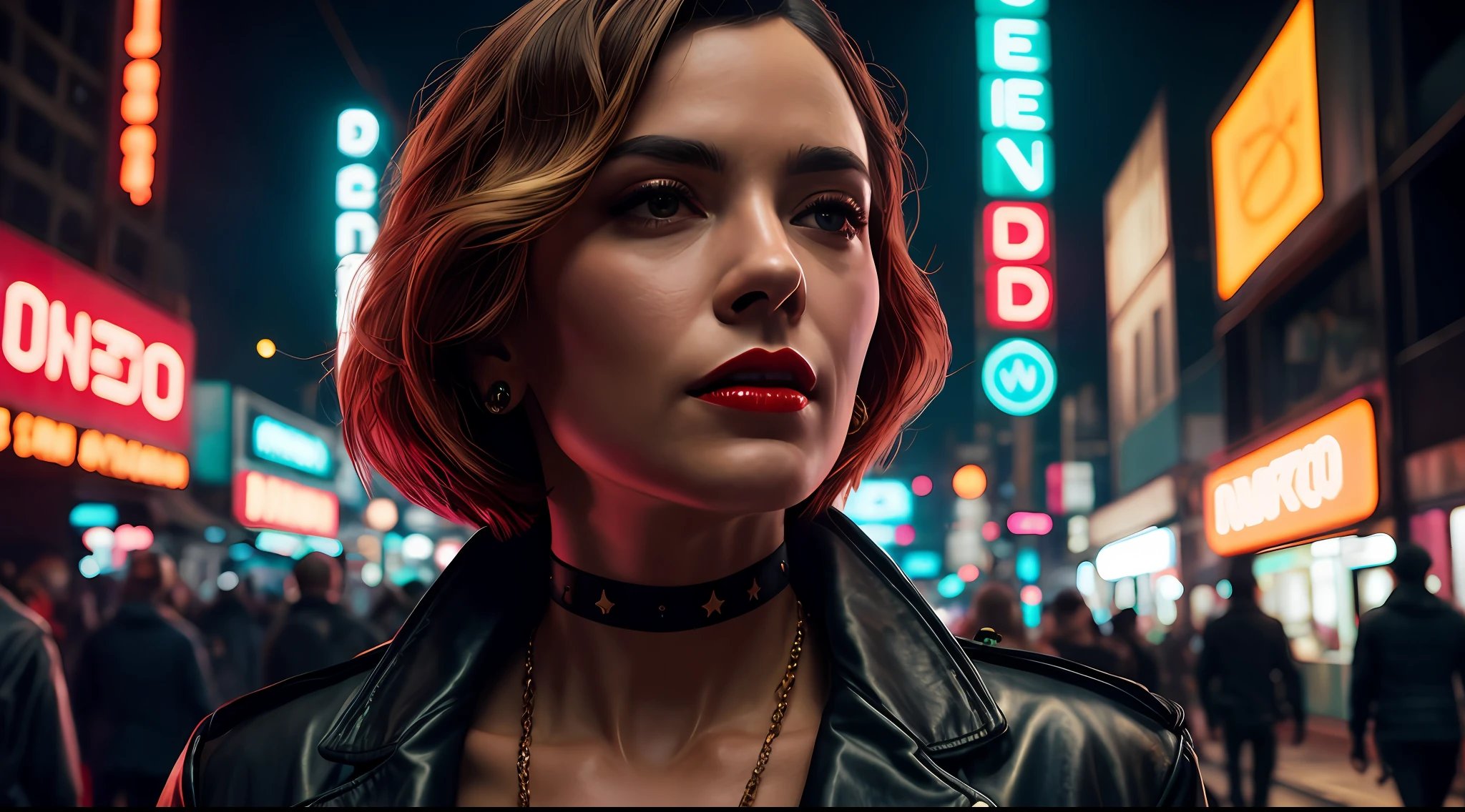 Close-up, uma supermodelo muito bonita, blonde, com quadris muito largos e cintura estreita, full lips, cintura pequena e quadris grandes, Red lipstick, com roupas cyberpunk em uma cidade cyberpunk movimentada com placas de neon, neon lights, foco nítido, Studio photo, detalhes intrincados, altamente detalhado, profundidade de campo, foco nítido, High detail, textura de pele realista, Realistic, fotorrealista, arte digital, pintura fosca, Directed by: Greg Rutkowski