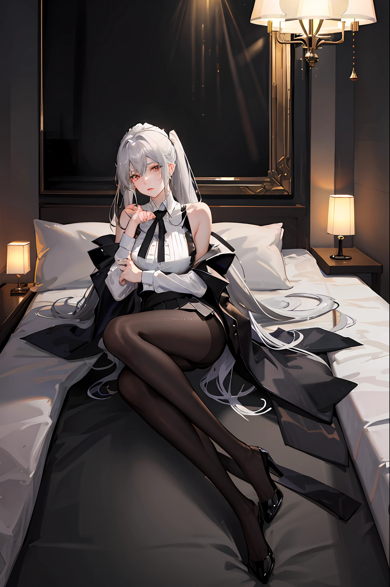 (((1个Giant Breast Girl)),Ray traching,(dim murky lights),[detailedbackground(Bedrooms)),((Silvery hair)),((Silvery hair)),(((((Fluffy silver hair,plump and slender girl))Wears a high ponytail)))Avoid golden eyes in the ominous bedroom((((Girl wearing white transparent shirt,Black wrinkled skirt,Wear yours with black sheer pantyhose),It shows a delicate and slender figure and beautiful curves,Correct limbs,sit on a bed,Put your hands behind your head,Put both hands behind your head