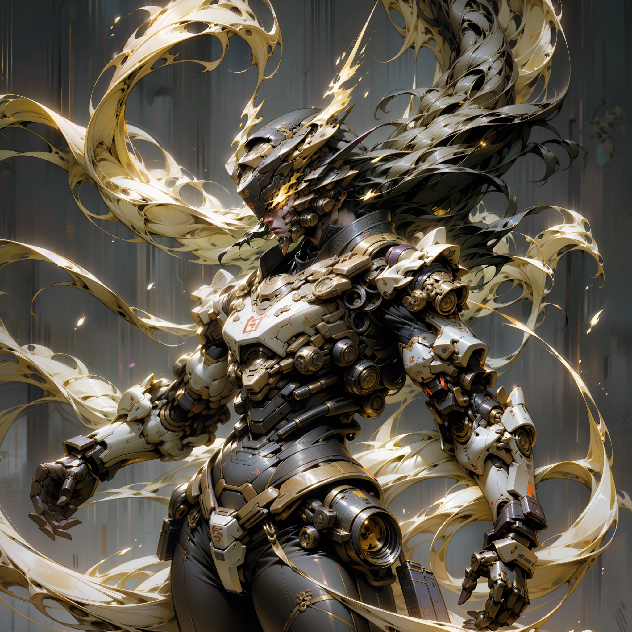 Silvertone,Purple and gold are the main colors,Highlight tall mechs,Amber gradient,Use the plasma sword,Highlights have a dragon particle effect,taichi,Gossip,China-style,Machine armour wind,mechanical sense,sense of strength,Sense of space,combats,cyber punk perssonage,Human body modification,The outstanding structure is reasonable,Battle instant,high-quality face,4K,High quality,Masterpieces,of a real,drak,Highlight the Chinese dragon,afterimage,rich colours,China-style,Don Dao,Exocet suit,Brocade Yiwei,Lots of obsidian,Lots of flames,A lot of water flow