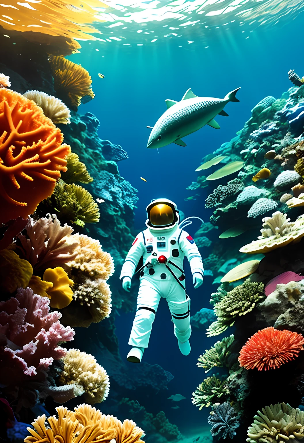 astronaut, space suit, underwater, ocean floor, marine life, coral, crabs, fish,