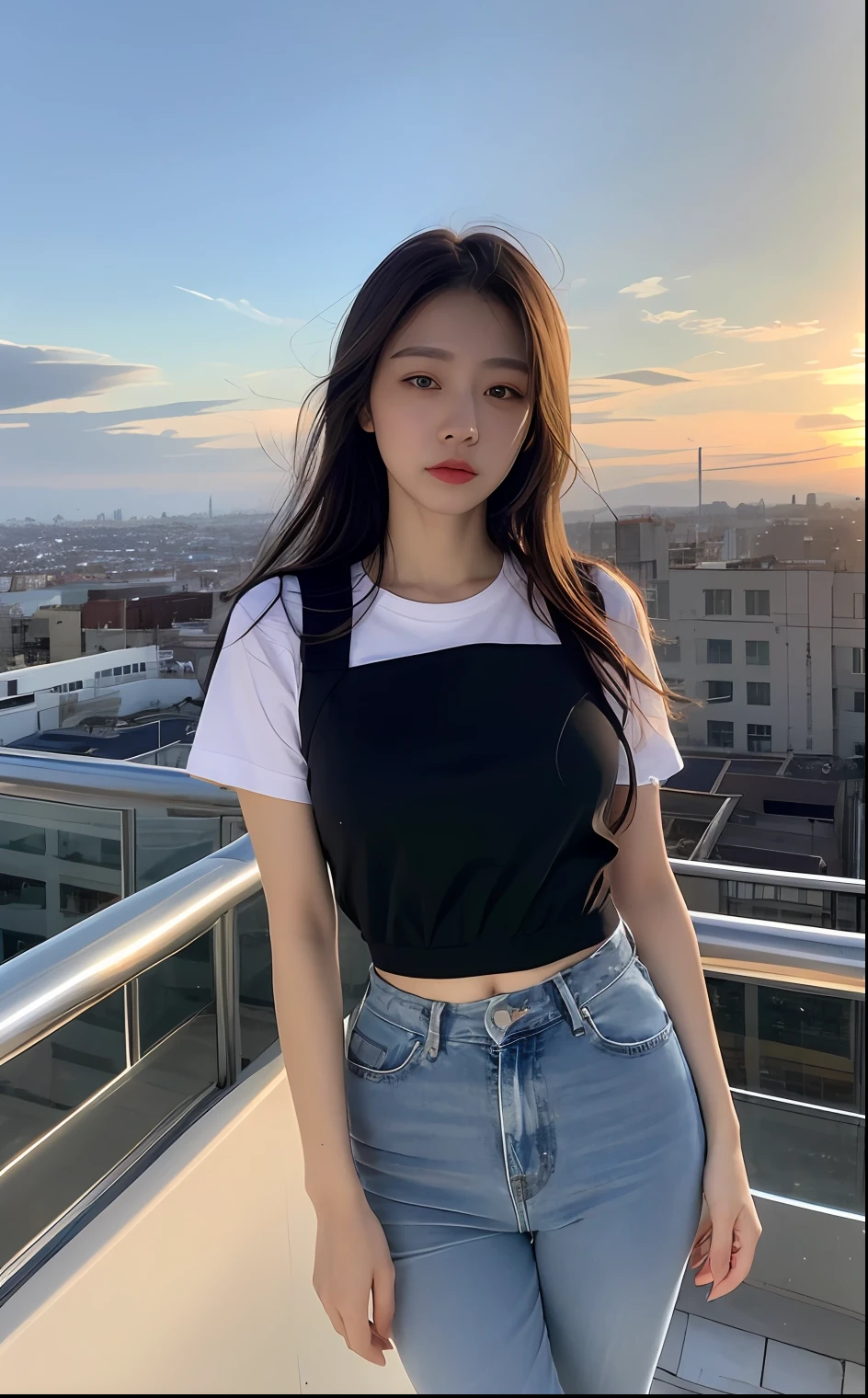 ((Midnight, Best quality, 8k, Masterpiece :1.3)), Whole body, Long legs, Sharp focus :1.2, A pretty woman with perfect figure :1.4, Slender abs :1.1, ((Dark brown hair, Big breasts :1.2)), (White tight tshirt, Jean bib, Standing:1.2), ((Night city view, Rooftop:1.3)), Highly detailed face and skin texture, Detailed eyes, Double eyelid