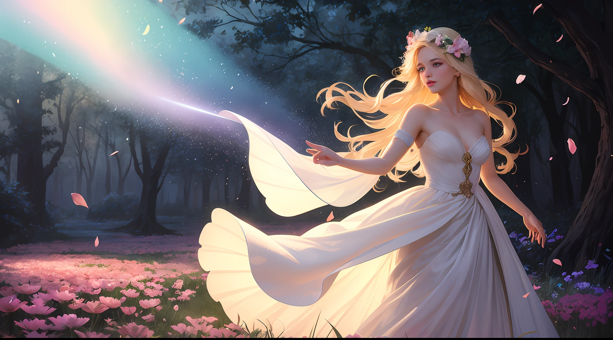 1girl, solo, full body, (masterpiece:1.21), (best quality:1.2), colorful, (illustration:1.2), (cinematic lighting:1.1), (bare shoulders:1.21), (collarbone:1.21) in this whimsical A beautiful and dreamlike garden, the scene is illuminated by a rainbow (colorful fireflies) dancing in the air. Pastel (drizzle) adorns the garden, creating a hazy and ethereal atmosphere. In the center of the picture, stands a single girl, an extremely beautiful girl, with lovely facial features and an innocent expression. Her long hair fluttered in the wind. She wore a low-cut strapless dress that accentuated her curves. The lighting is very delicate and beautiful, creating a soft warm glow that accentuates the water and makes it sparkle like a diamond. The finest grasses are also illuminated to create a lush carpet. The garden is surrounded by colorful flower fields with flowers of all colors and shapes. Various colors and sizes (coloured butterflies) can be seen flying around the scene, adding to the overall sense of wonder and magic. (Everyone, judges), a blush can be seen on the bridge of the nose, and the mouth is slightly opened, which adds to the overall sense of innocence and youth. Falling petals can be seen waving around her, adding to the overall sense of romance and beauty. The breeze is blowing, the leaves are rustling, and the flowers are swaying, adding to the overall dynamism and vitality. It is a scene of pure wonder and magic, full of color and beauty, where the viewer can lose themselves in this enchanting and captivating world.