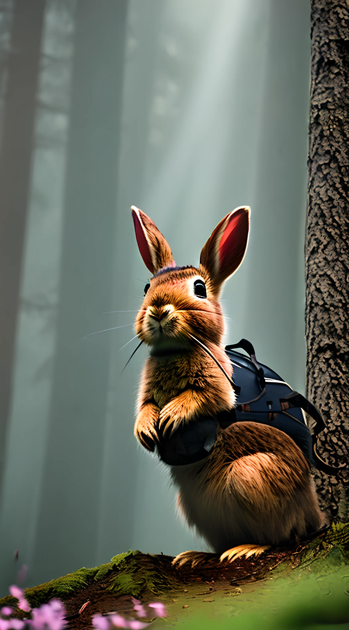 Classic negative portrait photo,Fantasy video game character concept art,A cute furry rabbit,Carrying a small brown leather backpack, Watch the map, Hike through the forest,dungeons and dragons,fantasy,rios,haze,Halo,blooms,Dramatic atmosphere,Dark fantasy films of the 1970s,at centre,the rule of thirds