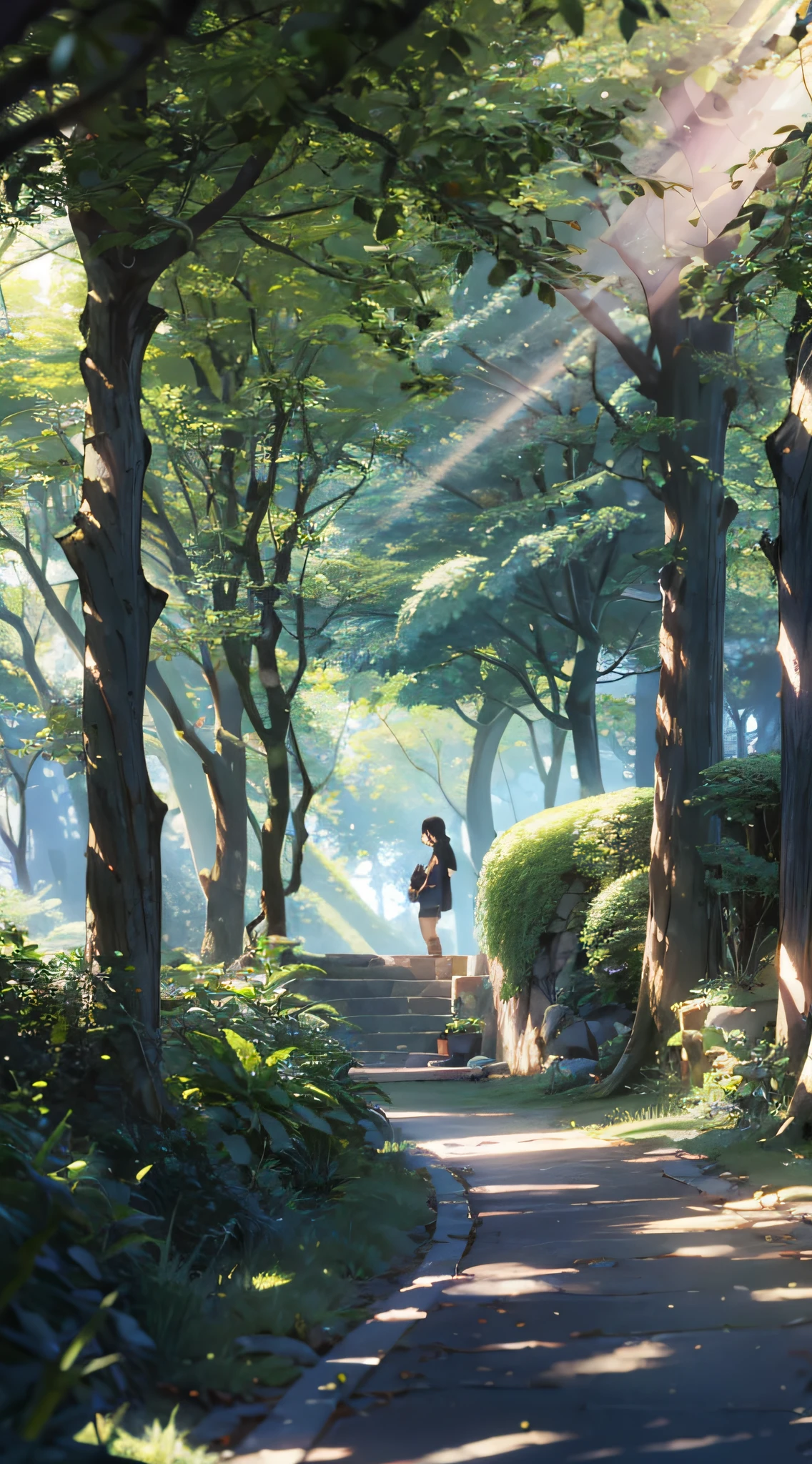 8k hdr,tree shade,There is sunlight shining on it, Sunlight shines through the leaves,Beautiful sense of light,Look up at the composition,Ghibli Studio Environment,Studio Ghibli Sunshine,Detailed view – width 672,in style of hayao miyazaki,author:hiyao miyazaki,anime big breast,studio ghibli composition,Don't be human