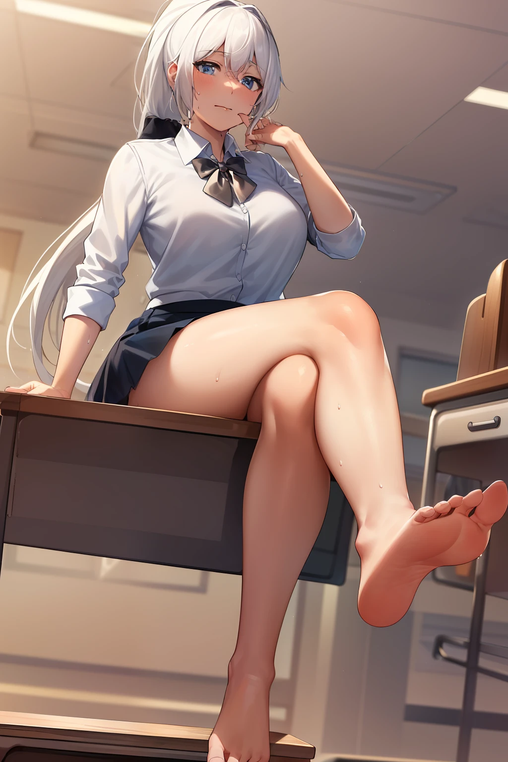 2d, masterpiece, best quality, anime, highly detailed, 1girl, solo, (white hair, blue eyes, white shirt, buttoned shirt, black skirt, black bowtie:2), (very long hair:1.4), (ponytail:2), school uniform, straight-on, smile, (full body:1.5), (from below:1.5), thick thighs, looking down at viewer, upskirt, (large breasts:1.3), field, (looming:1.3), (mature female:1.6), high quality, hd quality, masterpiece, photorealistic, (presenting foot, soles, close-up foot:1.3), intense angle, :d, (sitting on desk:1.6), very low angle, female pervert, toragao, (sitting:1.5), (bare legs, barefeet, barefoot,:1.4), full body in frame, (classroom, indoors:1.3), clasroom desk, (hand on desk:2), (one hand at side:1.6), (licking lips, licking own lips:1.1), (sweat:1.2), anime girl sitting on a desk with her legs crossed, hyperrealistic schoolgirl, realistic schoolgirl, a hyperrealistic schoolgirl, seductive anime girl, smooth anime cg art, thighs close up, thighs!!!, beautiful anime girl squatting, commission for high res, large thighs, extremely detailed artgerm, sitting on a desk, on a desk, (crossed legs:1.7), (closed mouth:2), (bangs:1.4), (perfect feet:1.4),
